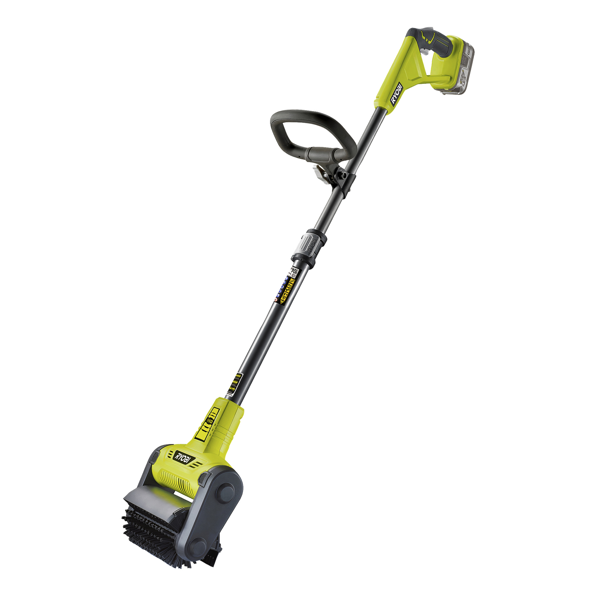 Ryobi One+ Patio Cleaner RY18PCB-0 är en sladdlös elektrisk borstenhet i grönt och grått, utrustad med justerbart handtag och ett roterande borsthuvud för rengöring av utomhusytor.