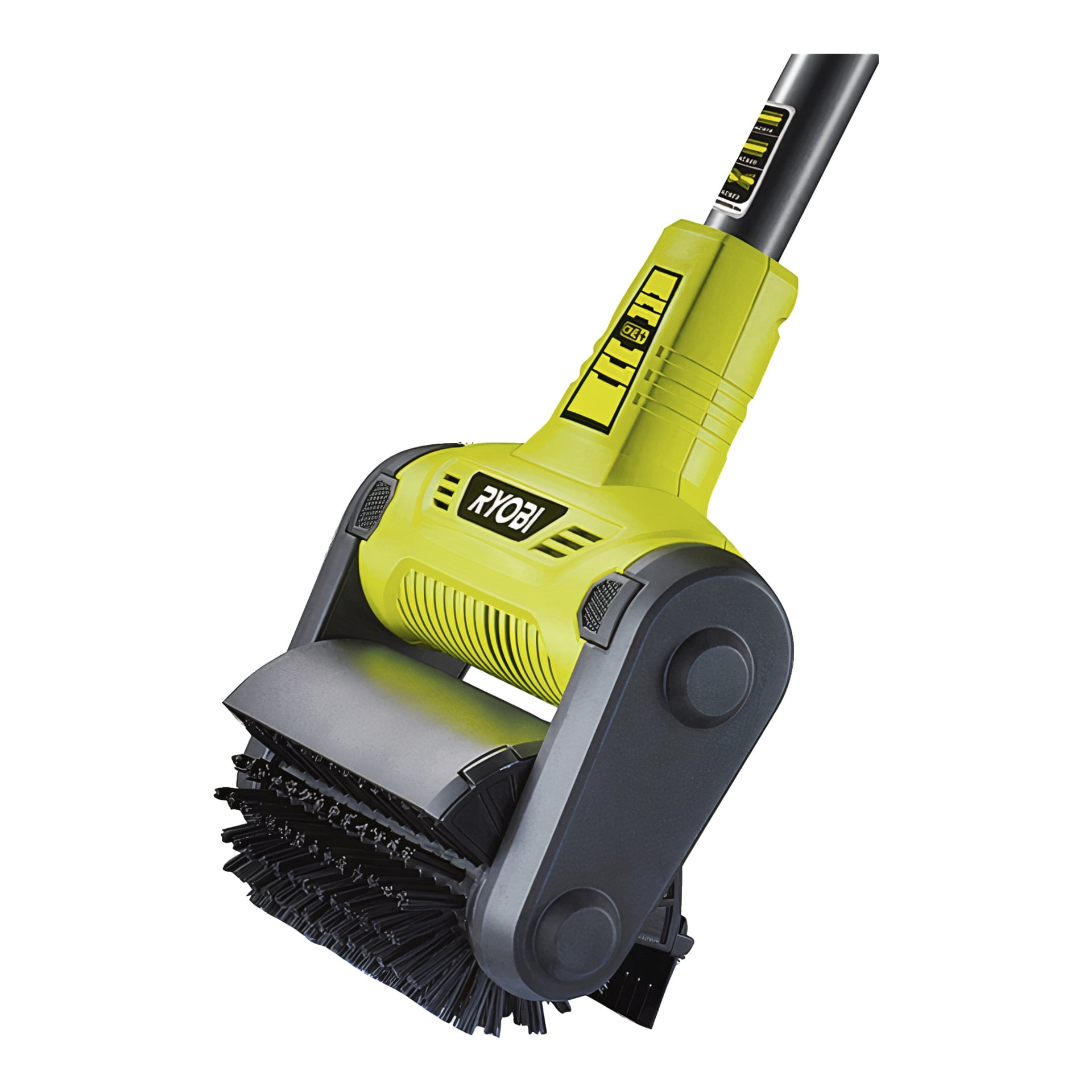 Ryobi One+ Patio Cleaner RY18PCB-0, i gult och svart, har ett robust handtag och ett cylindriskt borsthuvud med täta borst, byggd för tuffa uteplatsstädning.