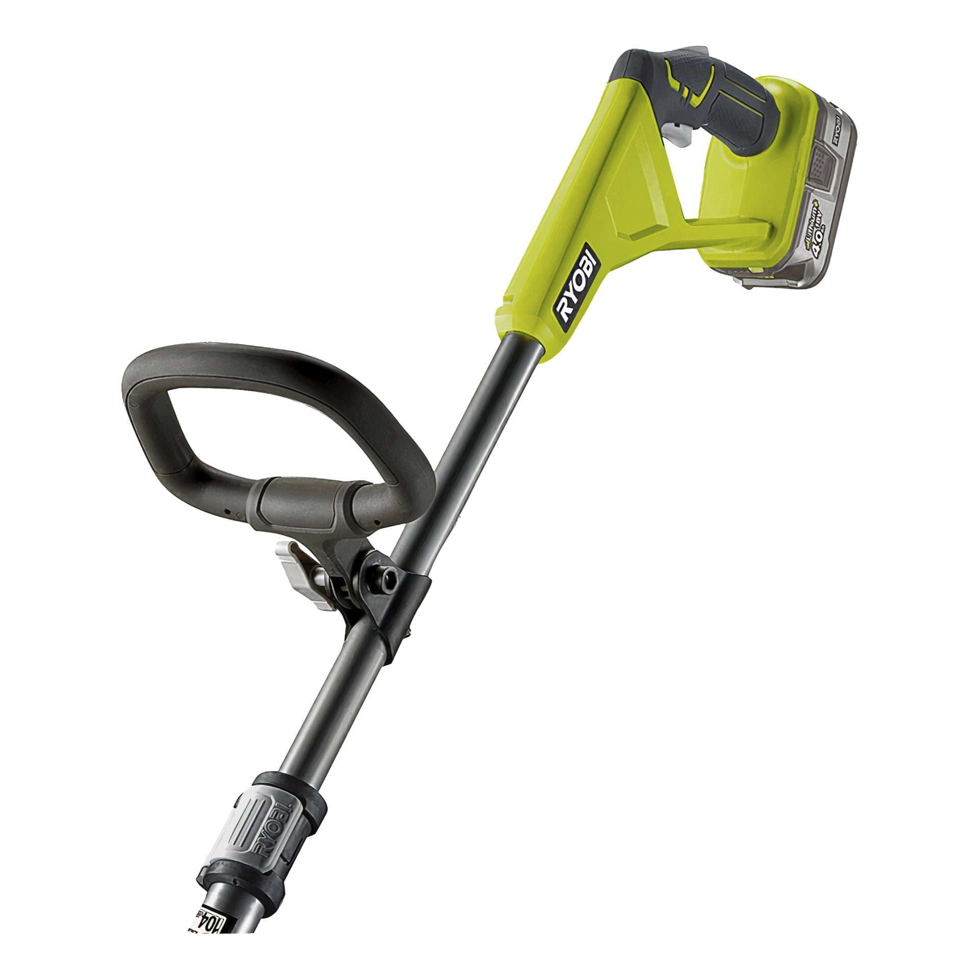 Närbild av Ryobi One+ Patio cleaner RY18PCB-0, med dess handtag, synligt batteripack och en del av skaftet.