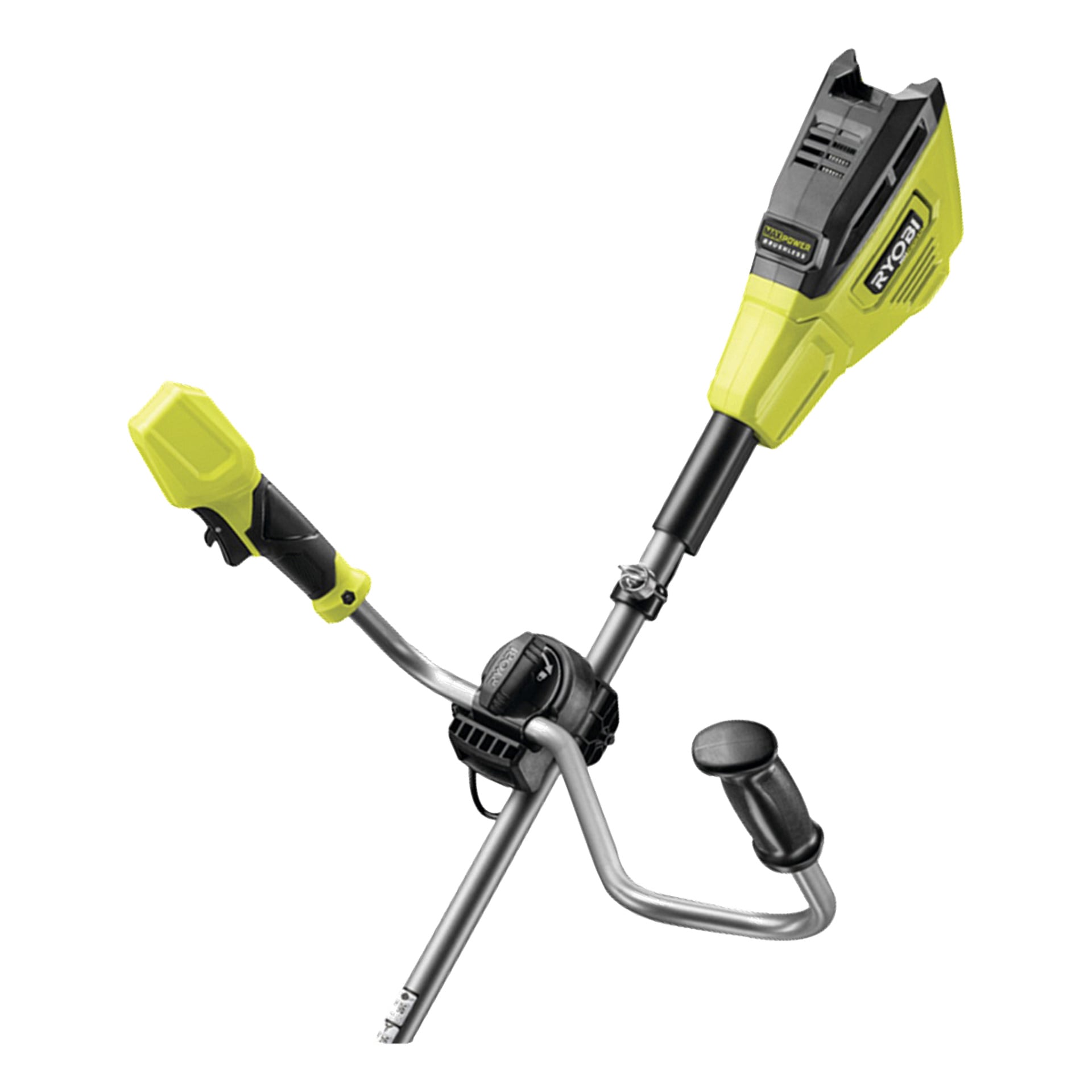 En Ryobi Max Power batteridriven renssåg RY36BCX30A-150C med gult och svart motorhus, ergonomiskt handtag och cirkulärt svart stödgrepp.