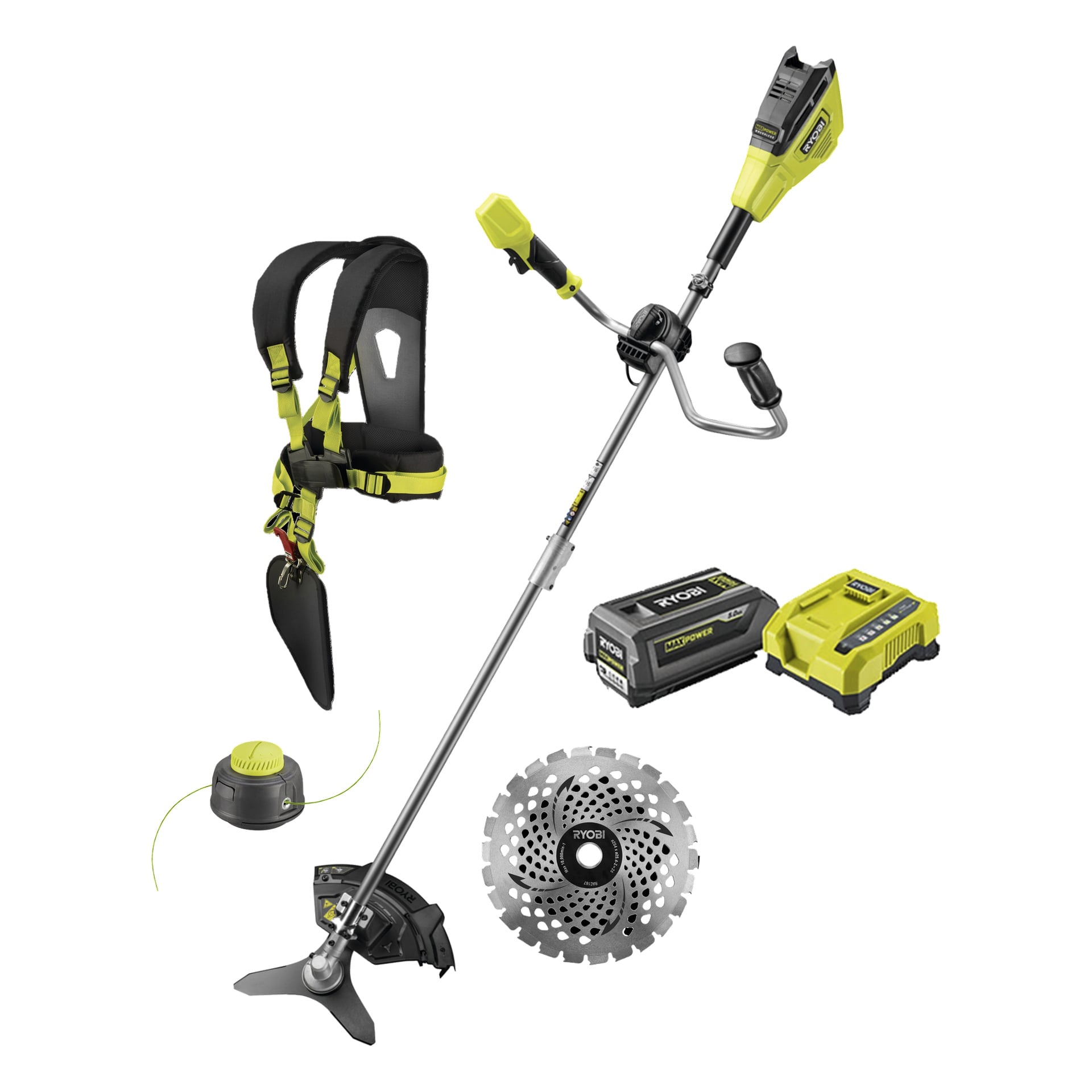 Ryobi Max Power RY36BCX30A-150C är en sladdlös, grön och svart borstskärare med rak axel och öglahandtag. Setet innehåller sele, batteri, laddare, spole och metallblad.