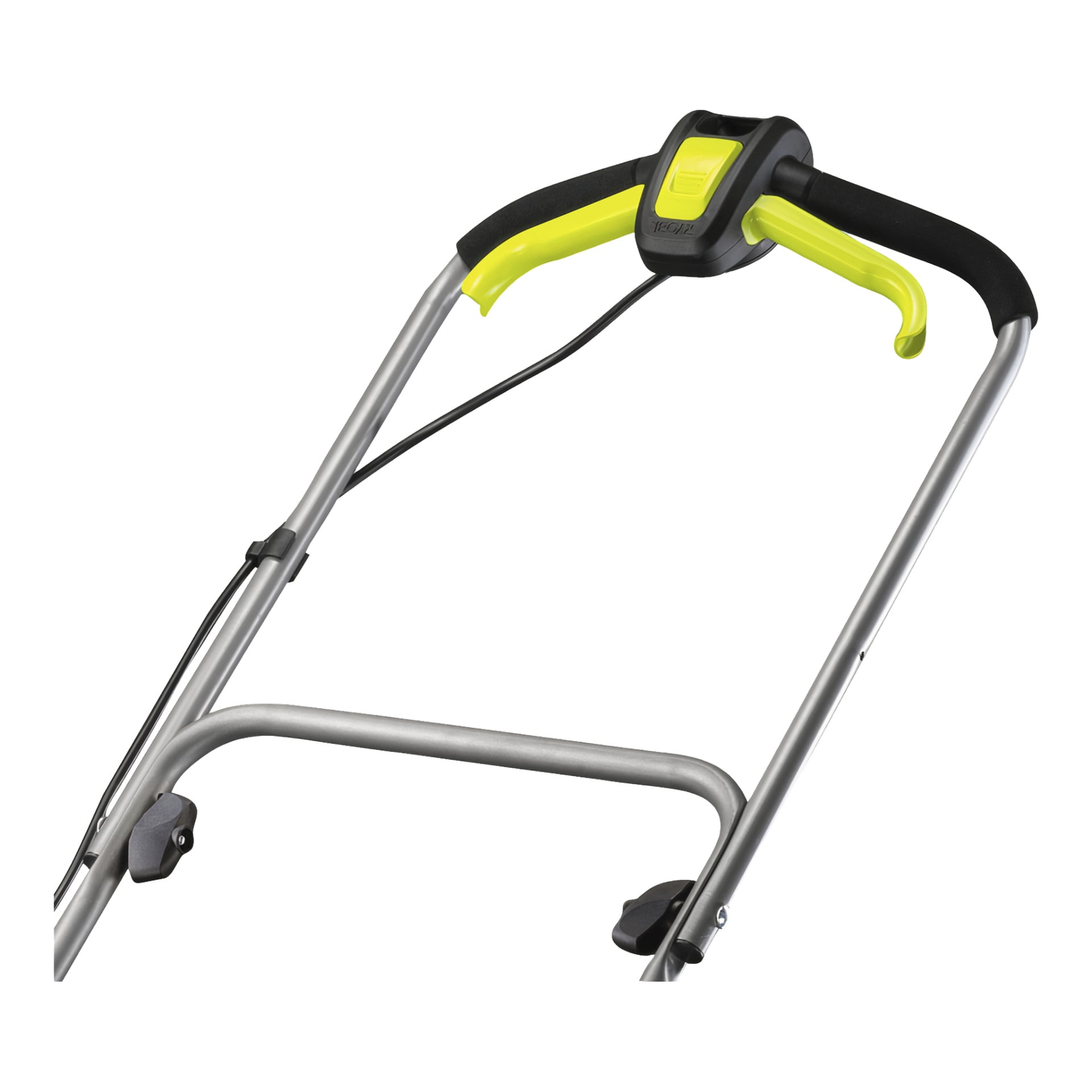 Närbild av Ryobi One+ batteridrivna verticutter RY18SFX35A-0-handtag, som visar en framträdande gul styrspak och ett svart skumgrepp. En kabel är fäst längs metallramen, med delar av verticutterns kropp också synliga.