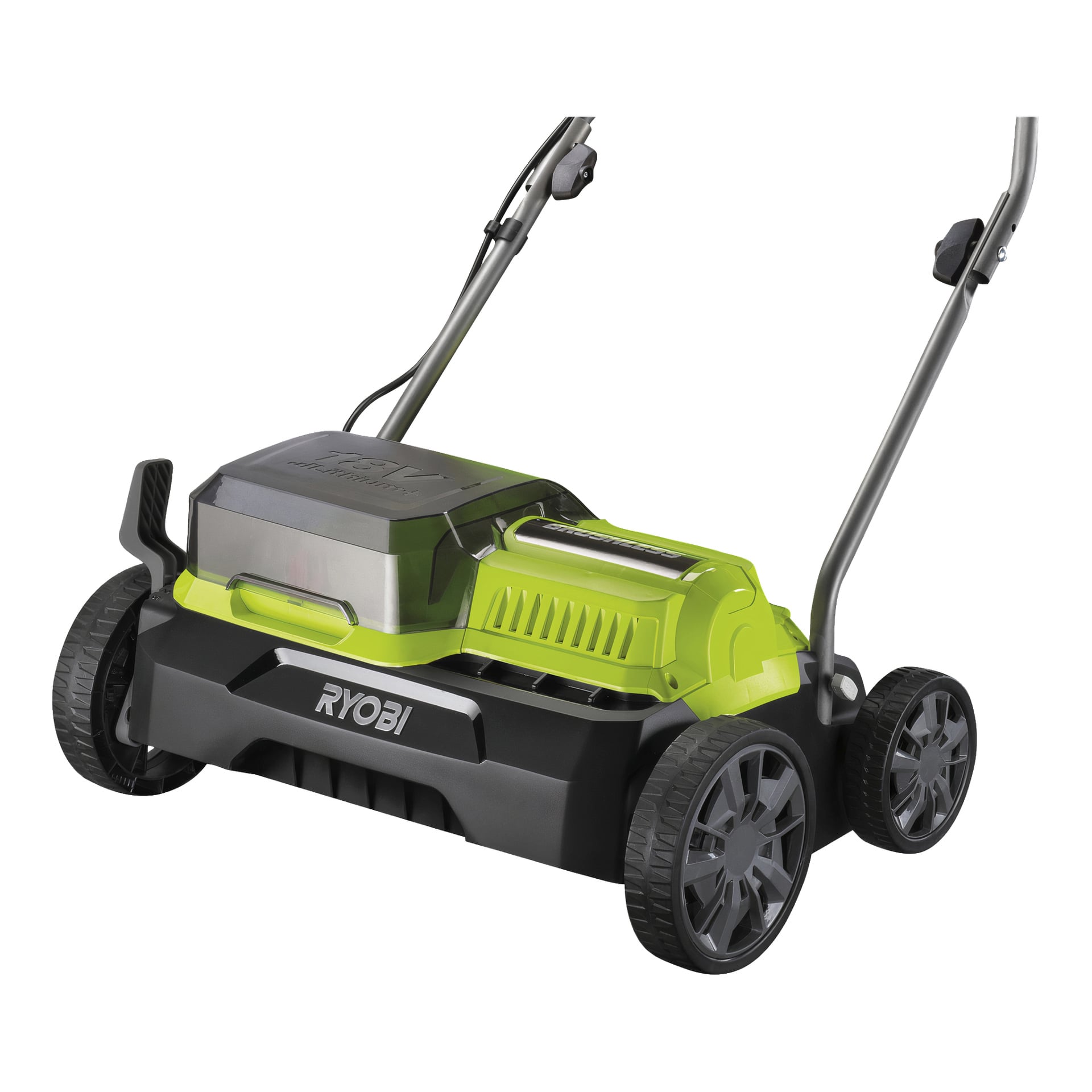 En grön och svart Ryobi One+ batteridriven verticutter, modell RY18SFX35A-0, med fyra stora hjul, ett metallhandtag och ett synligt batterifack.