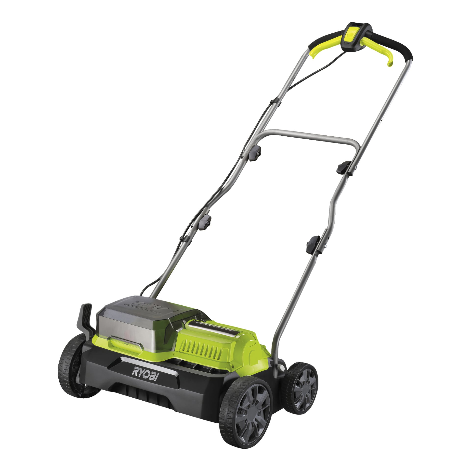 En Ryobi One+ verticutter, modell RY18SFX35A-0, driven av batteri och designad med grön och svart yta, utrustad med fyra hjul, ett transparent batterifack och ett högt justerbart handtag.