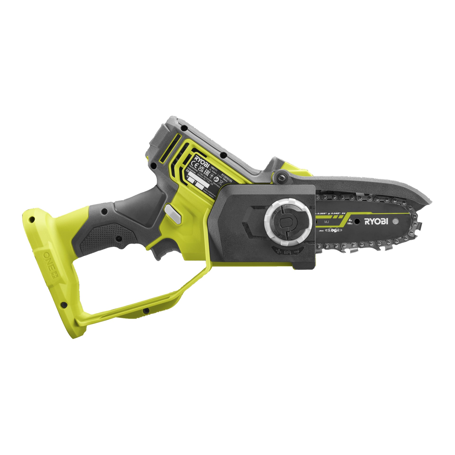 Ryobi One+ batteridrivna beskärningssåg RY18PSX10A-120 har en grön och svart design, ergonomiskt handtag, exponerad kedja och en justeringsratt.