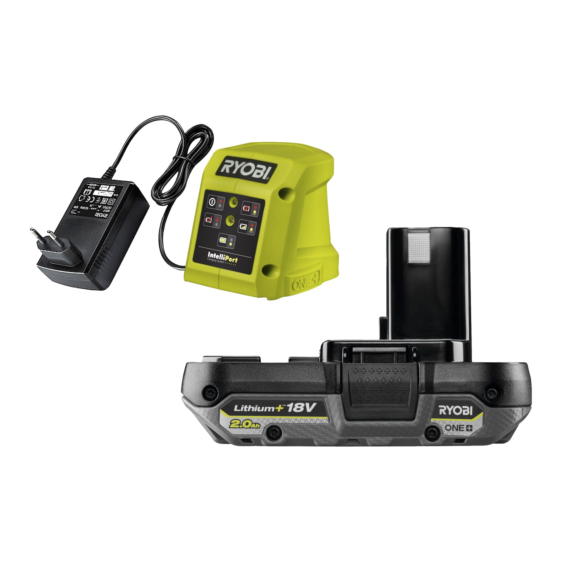 En Ryobi One+ batteridriven beskärningssåg (modell RY18PSX10A-120) visas med sin strömadapter och 18V Ryobi litiumjonbatteri.