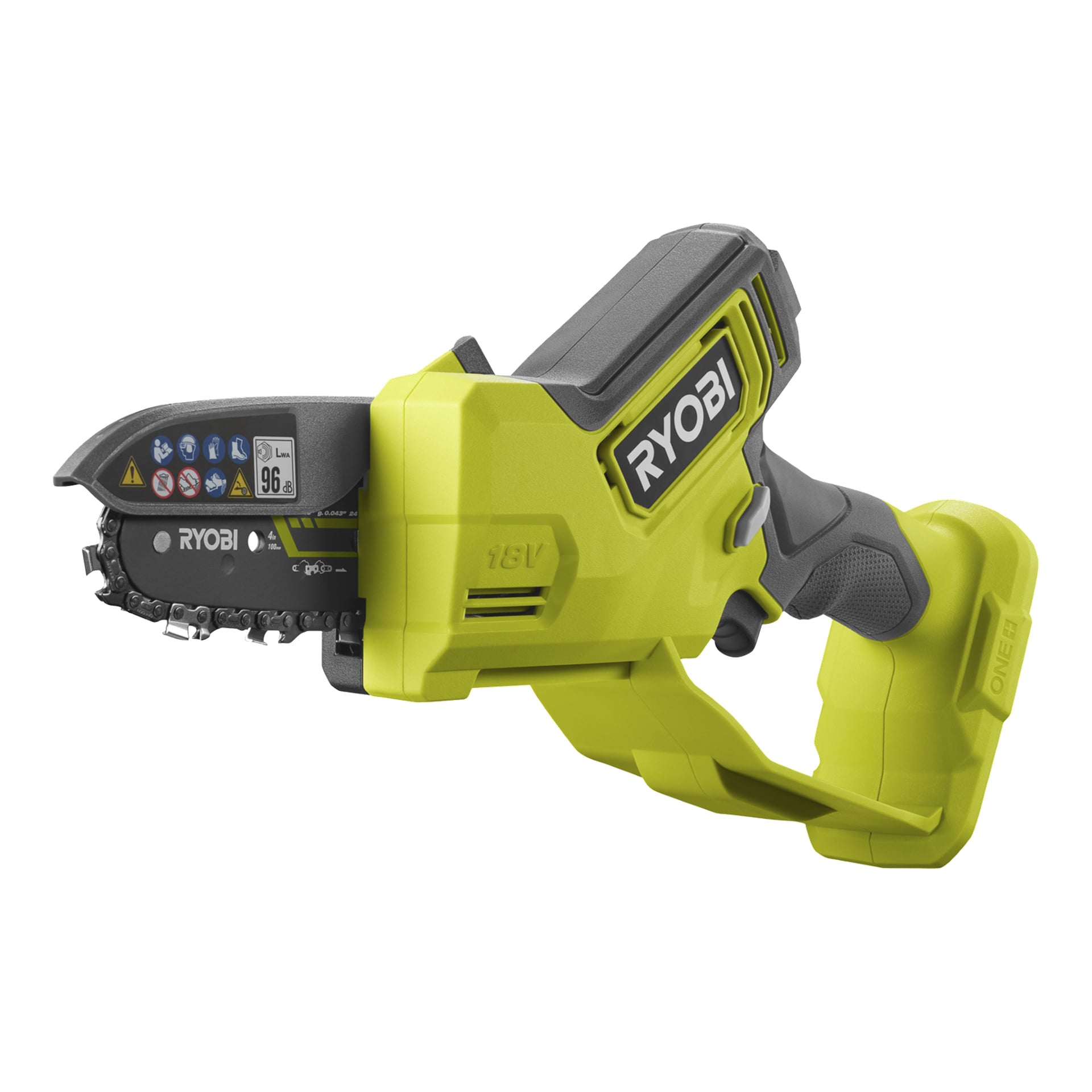 En Ryobi One+ batteridriven beskärningssåg RY18PSX10A-120 med kompakt stång, grönt och svart hölje samt säkerhetsetiketter synliga på bladlocket.