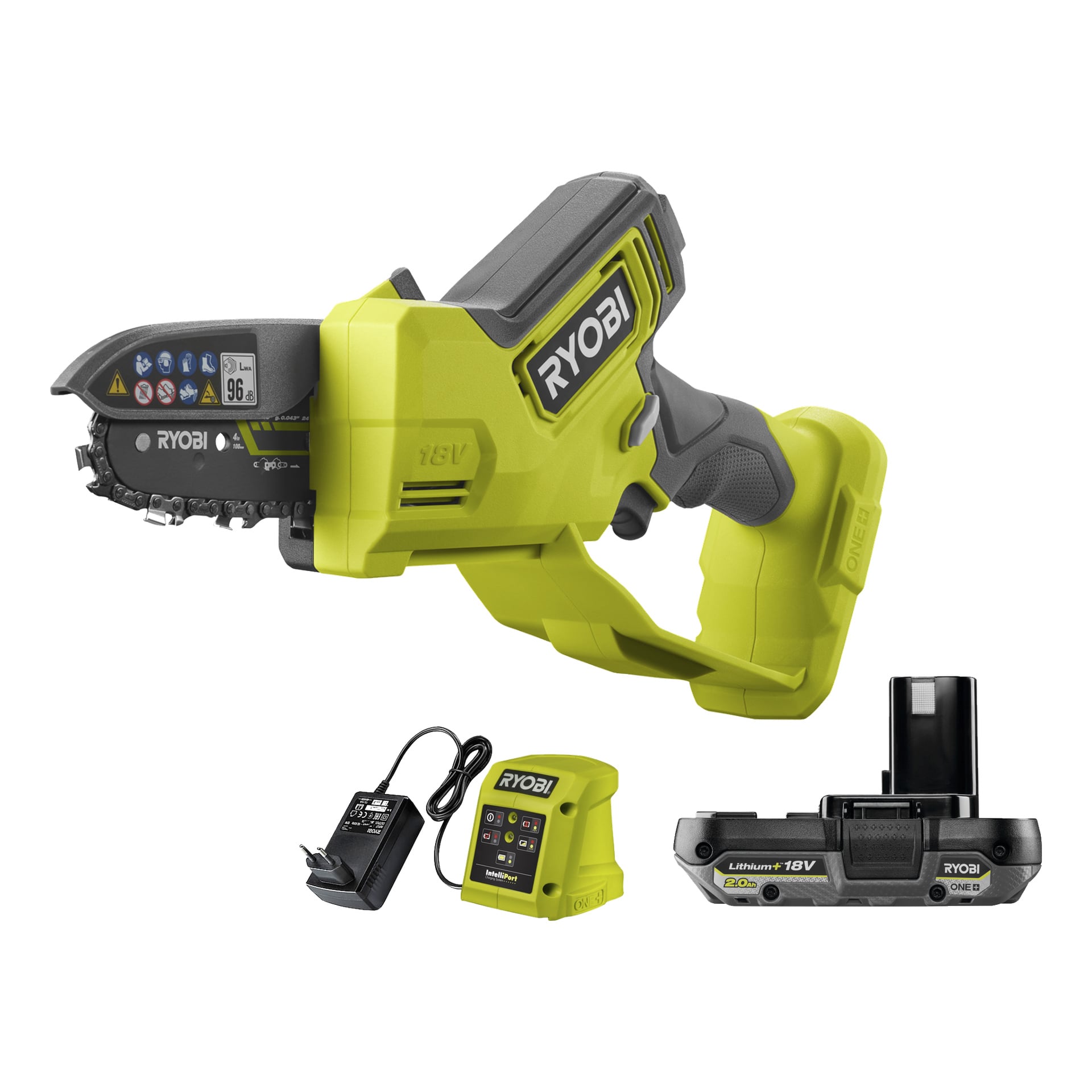 En Ryobi One+ RY18PSX10A-120 sladdlös beskärningssåg med bladlock är placerad bredvid batteri, laddare och strömadapter.