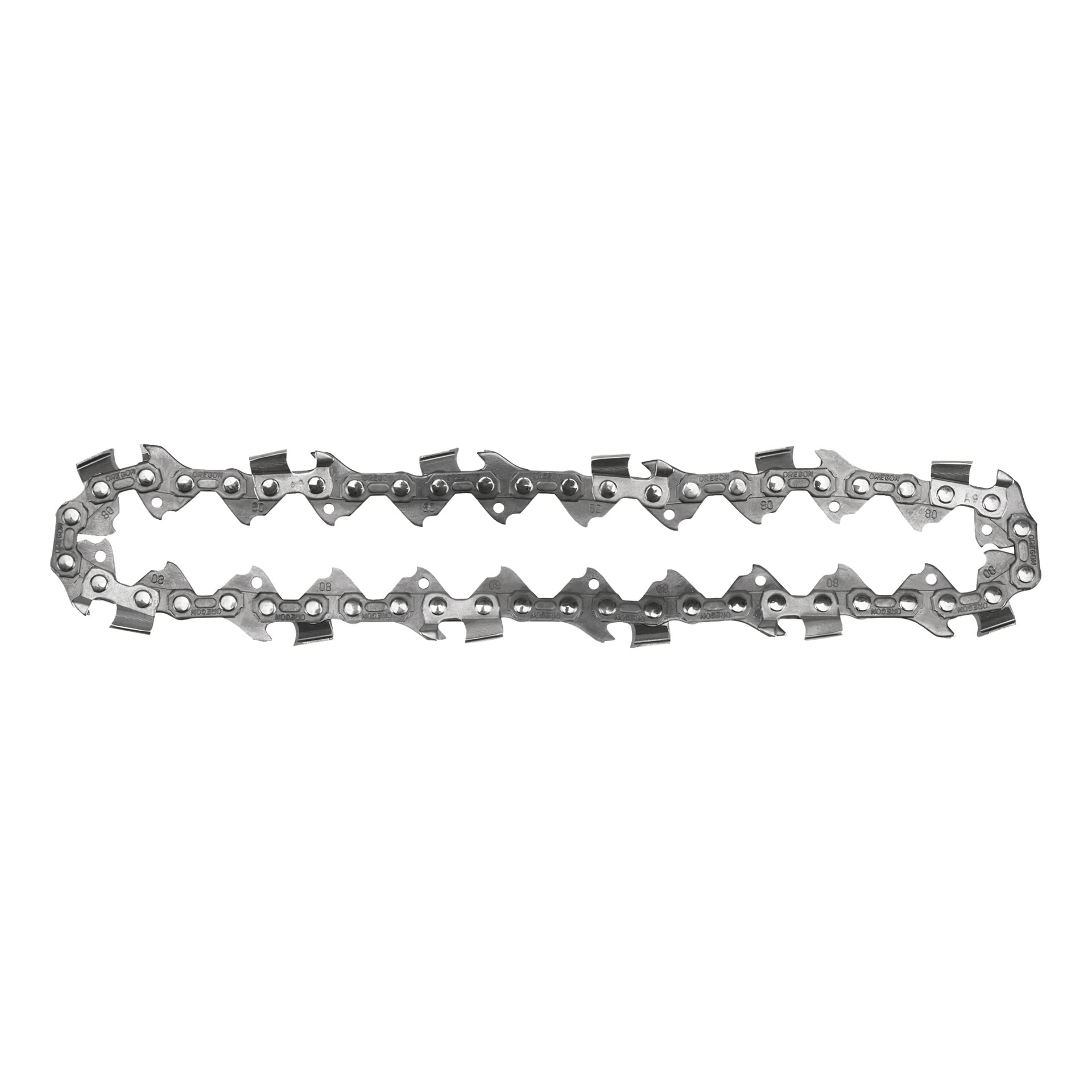 En närbild av Ryobi One+ Saw-kedjan RAC274 arrangerad i en oval, med betoning på dess vassa skärtänder och förbindelselänkar.