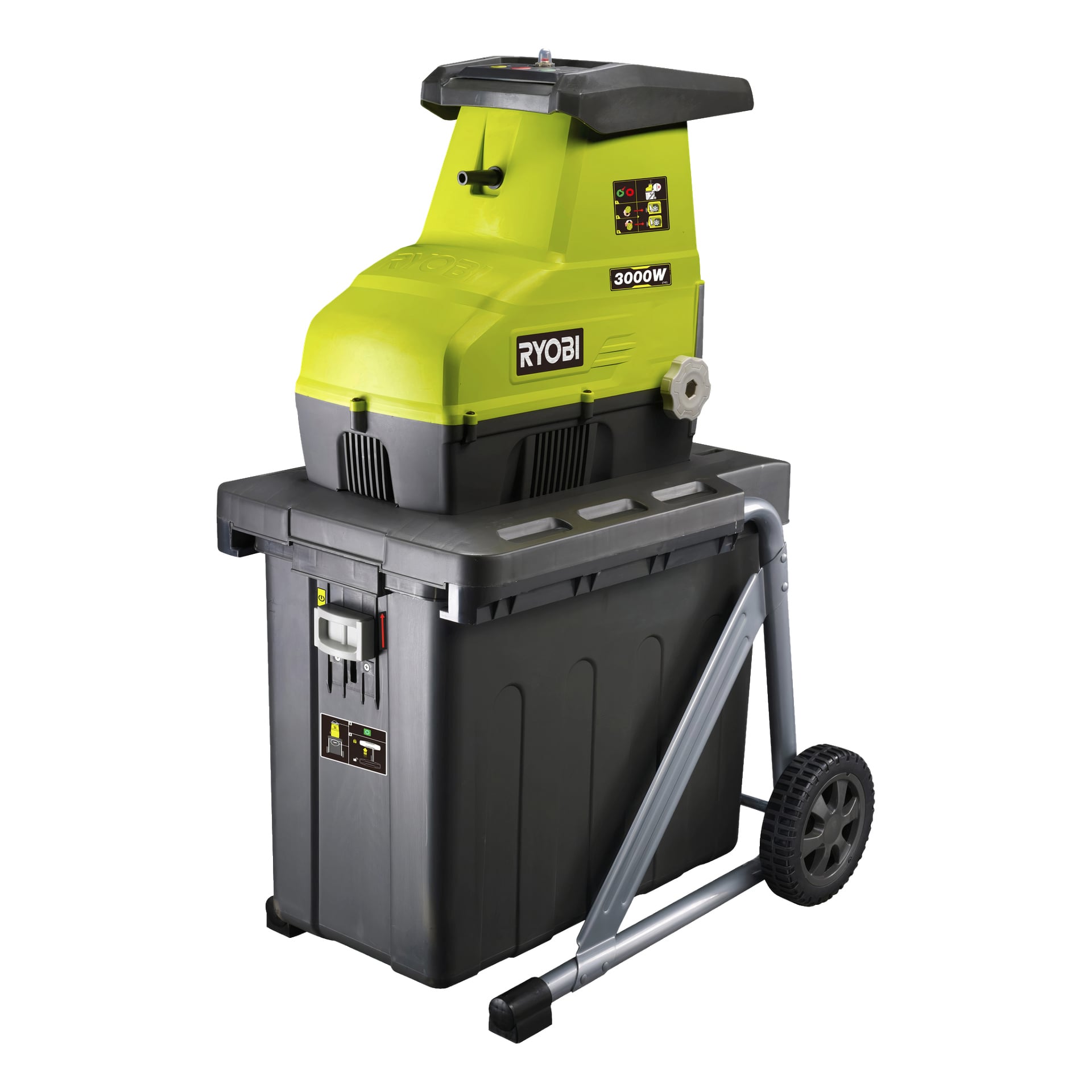 Ryobi Compost Shredder RSH3045U, en grön och svart elektrisk trädgårdsmaverare på 3000W, inkluderar en insamlingslåda, kontrollpanel och två hjul för enkel rörelse. Enheten är monterad på ett robust metallstativ för stabilitet.