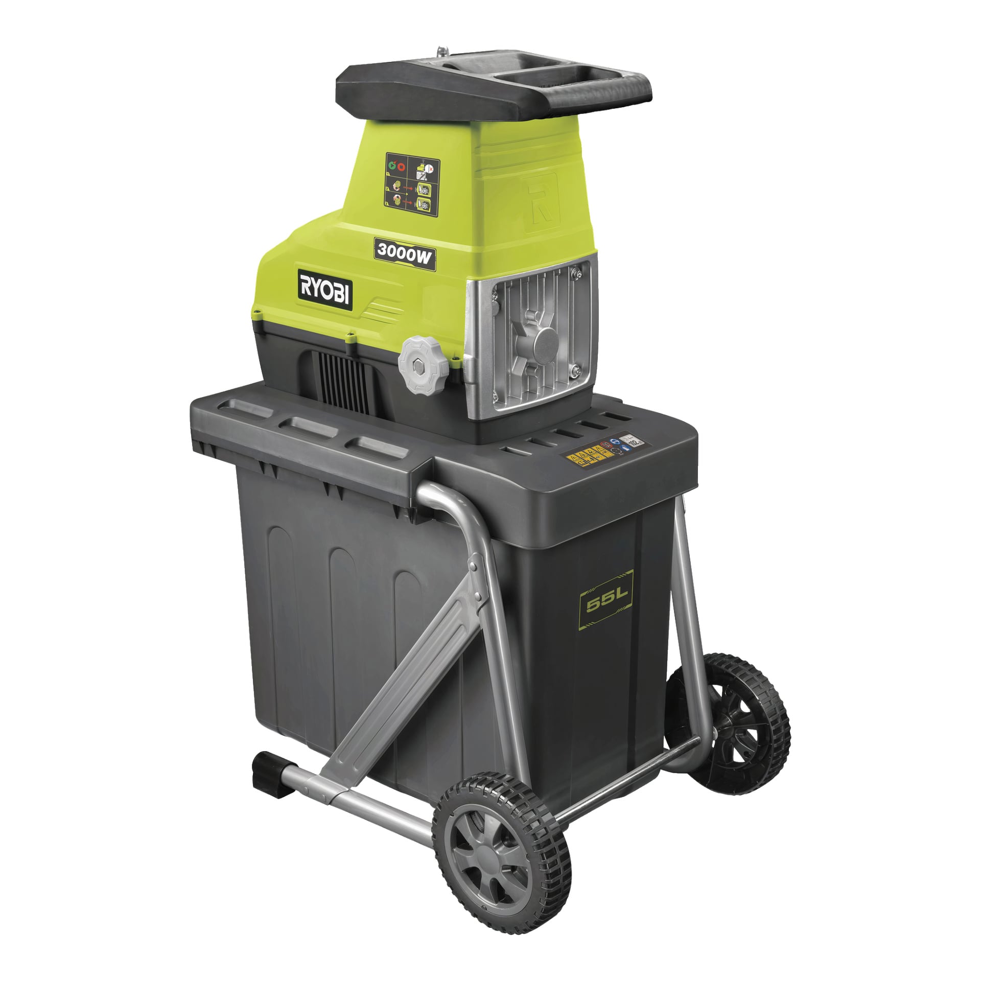 Ryobi Compost Shredder RSH3045U är grön och svart, utrustad med en kraftfull 3000W elmotor. Den har en stor rektangulär behållare på hjul för insamling, ett solidt metallhandtag för manövrering och en inmatningskanal som är utformad för att hantera grenar och trädgårdsavfall.
