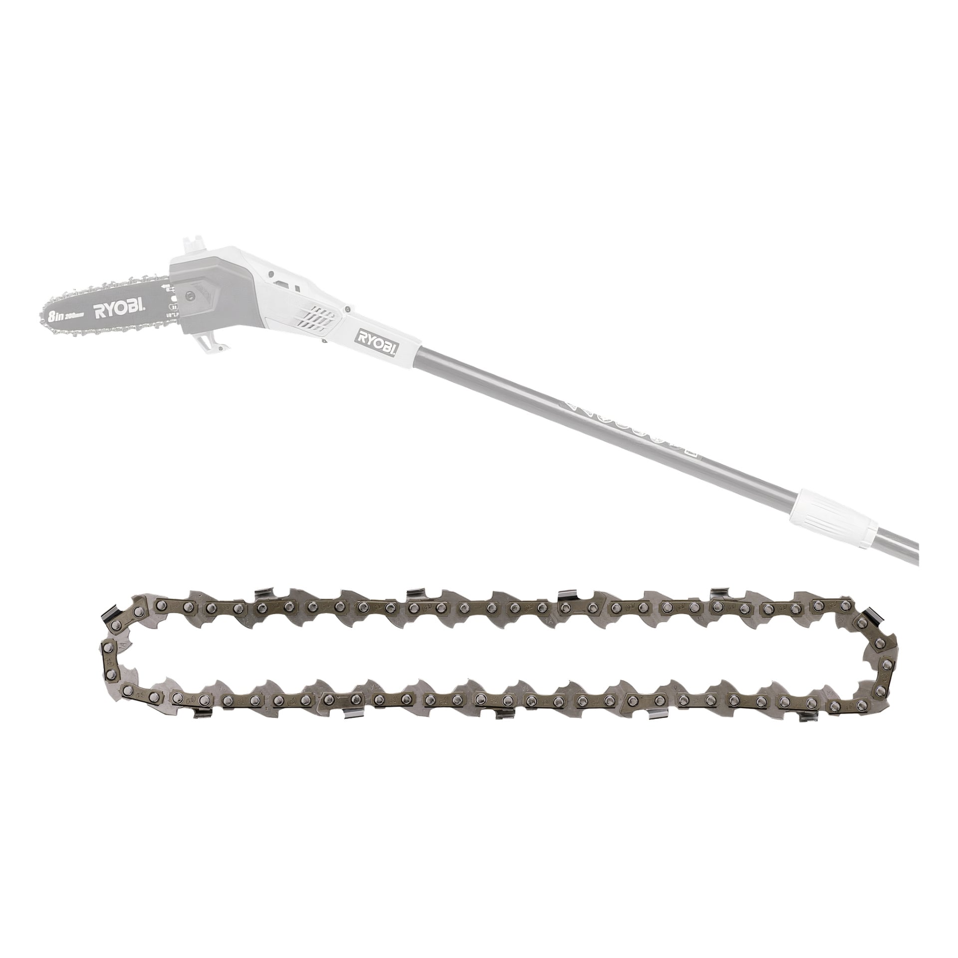 En Ryobi One+ stångsåg med ett 8-tums blad är placerad ovanför en närbild av Ryobi One+ sågkedjan RAC234.