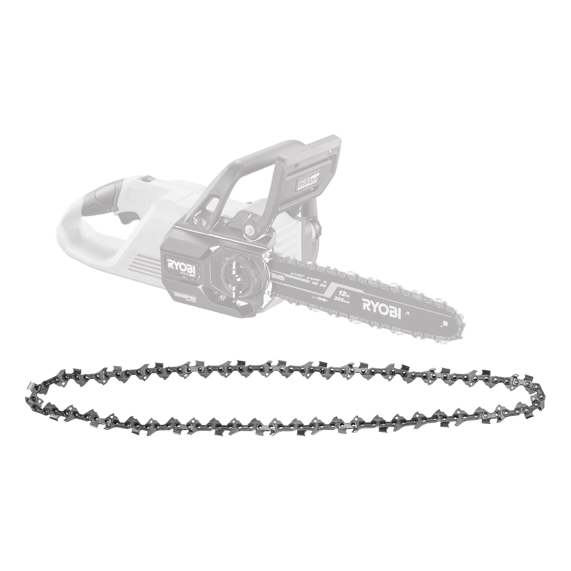 En Ryobi One+ Saw-kedja RAC276 finns framtill, med en halvtransparent bild av en Ryobi trådlös motorsåg synlig bakom för kontext.