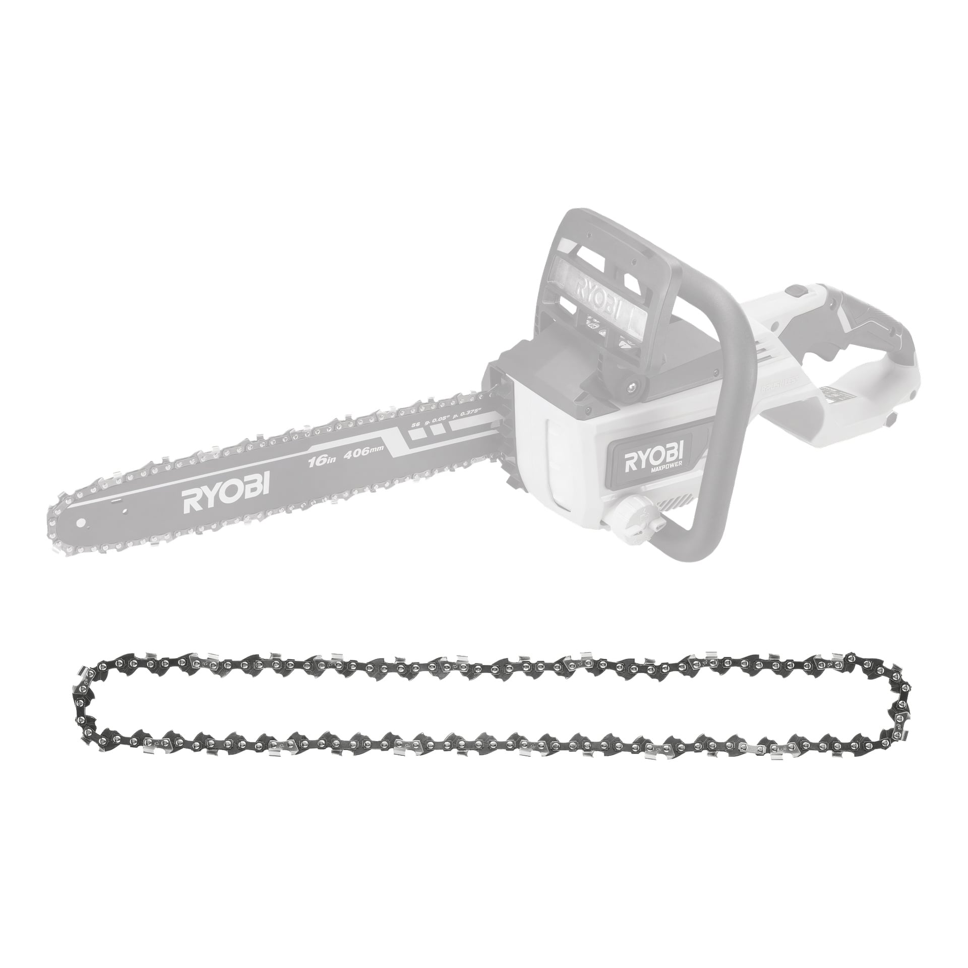 En Ryobi Max Power RAC255-sågkedja visas med en genomskinlig Ryobi-motorsåg bakom, vilket visar hur kedjan fästs vid stången.