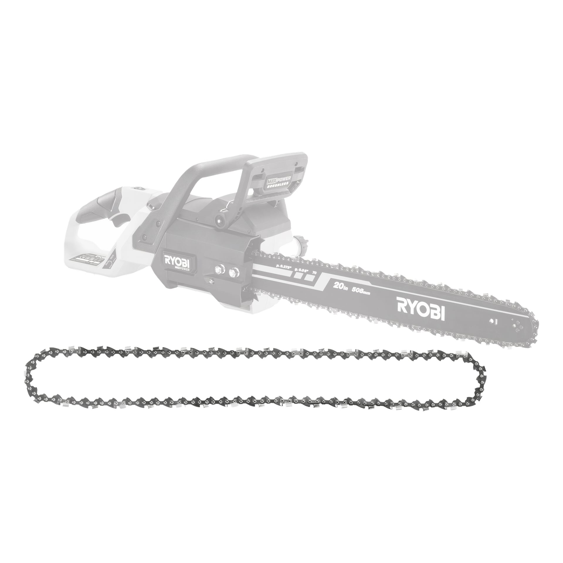 En Ryobi Max Power Saw-kedja RAC275 är tydligt fokuserad framtill, med ett svagt lager av en Ryobi-motorsåg bakom.