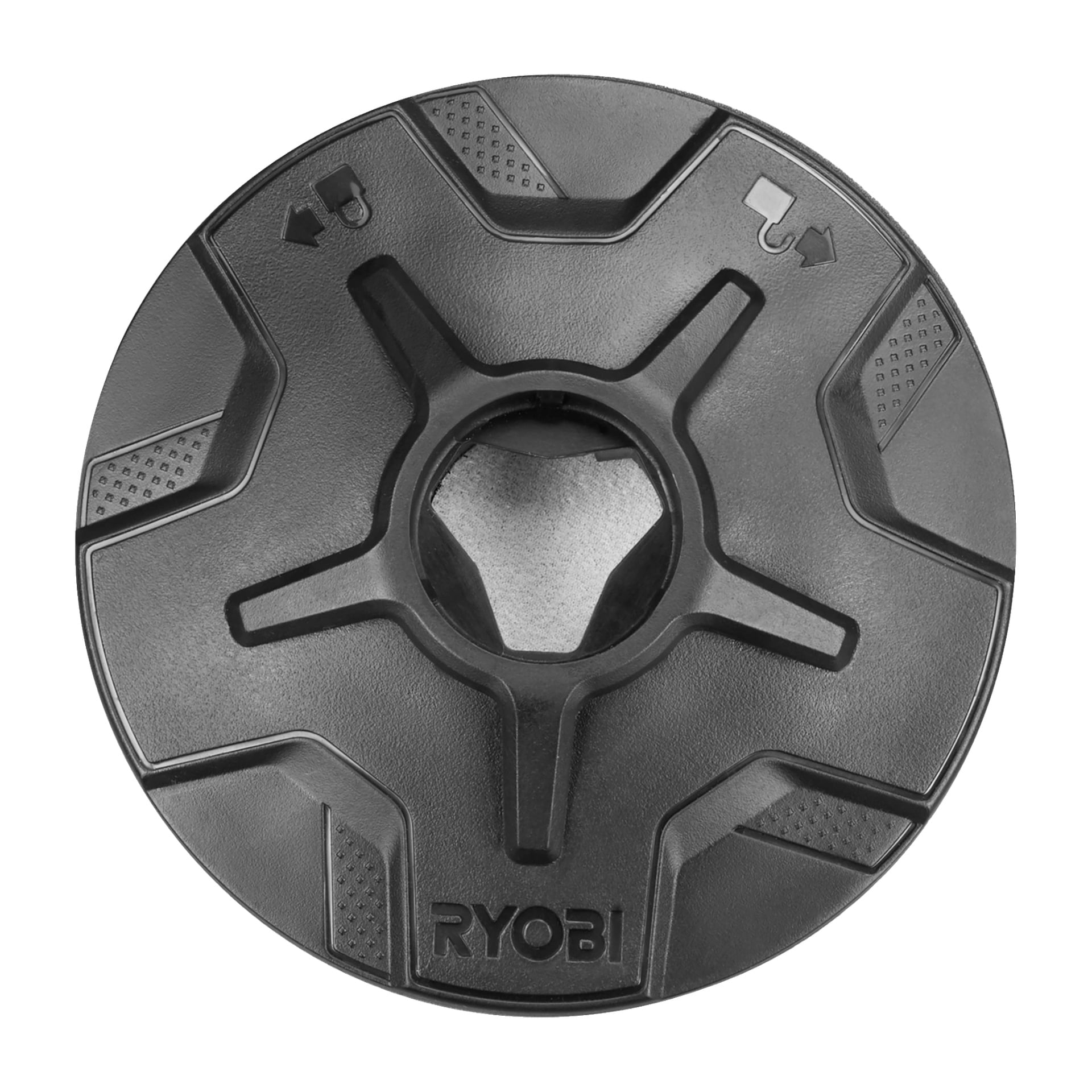 En topvy av en svart plastdyna från Ryobi One+ framhäver dess texturerade greppsektioner, lås- och upplåsningssymboler samt RYOBI ONE+-loggan nära botten.