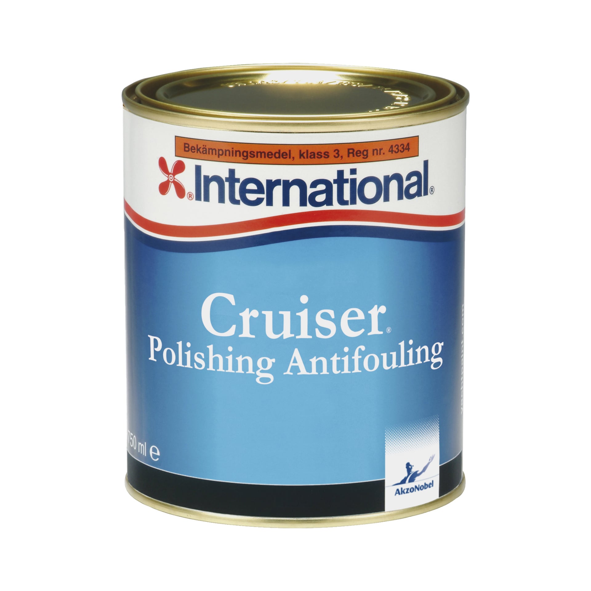 En 750 ml burk Cruiser Antifouling-färg från International, med en blå och vit etikett med ett guldlock. Produkt- och varumärkesdetaljer finns på förpackningen, med AkzoNobel-logotypen nere i högra hörnet.