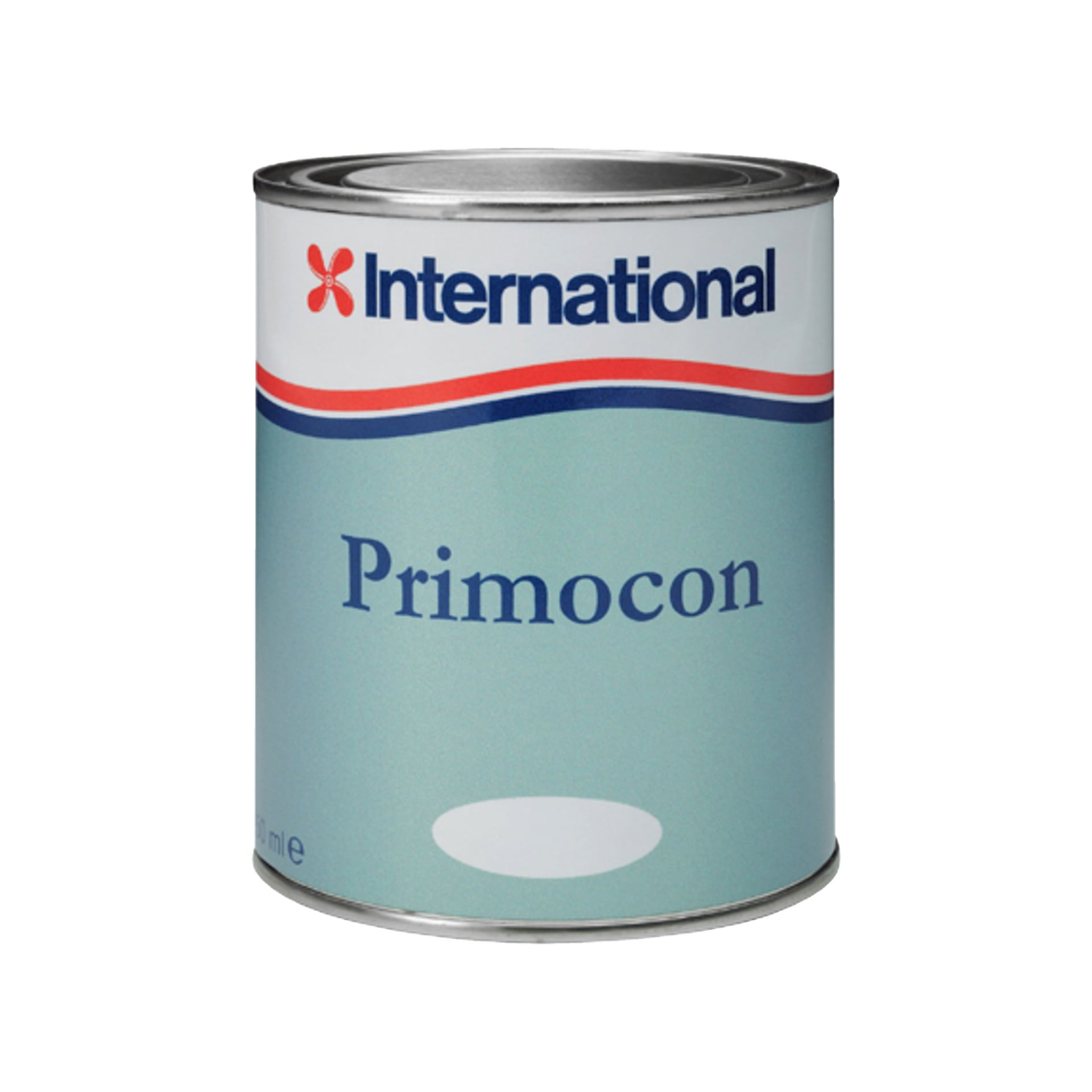 En cylindrisk burk med silverlock, med varumärket International i rött och blått, tillsammans med produktnamnet "Primer for wood Primocon" i blått på en ljusblå etikett. Burken ser förseglad ut och visar inga markeringar förutom de på etiketten.