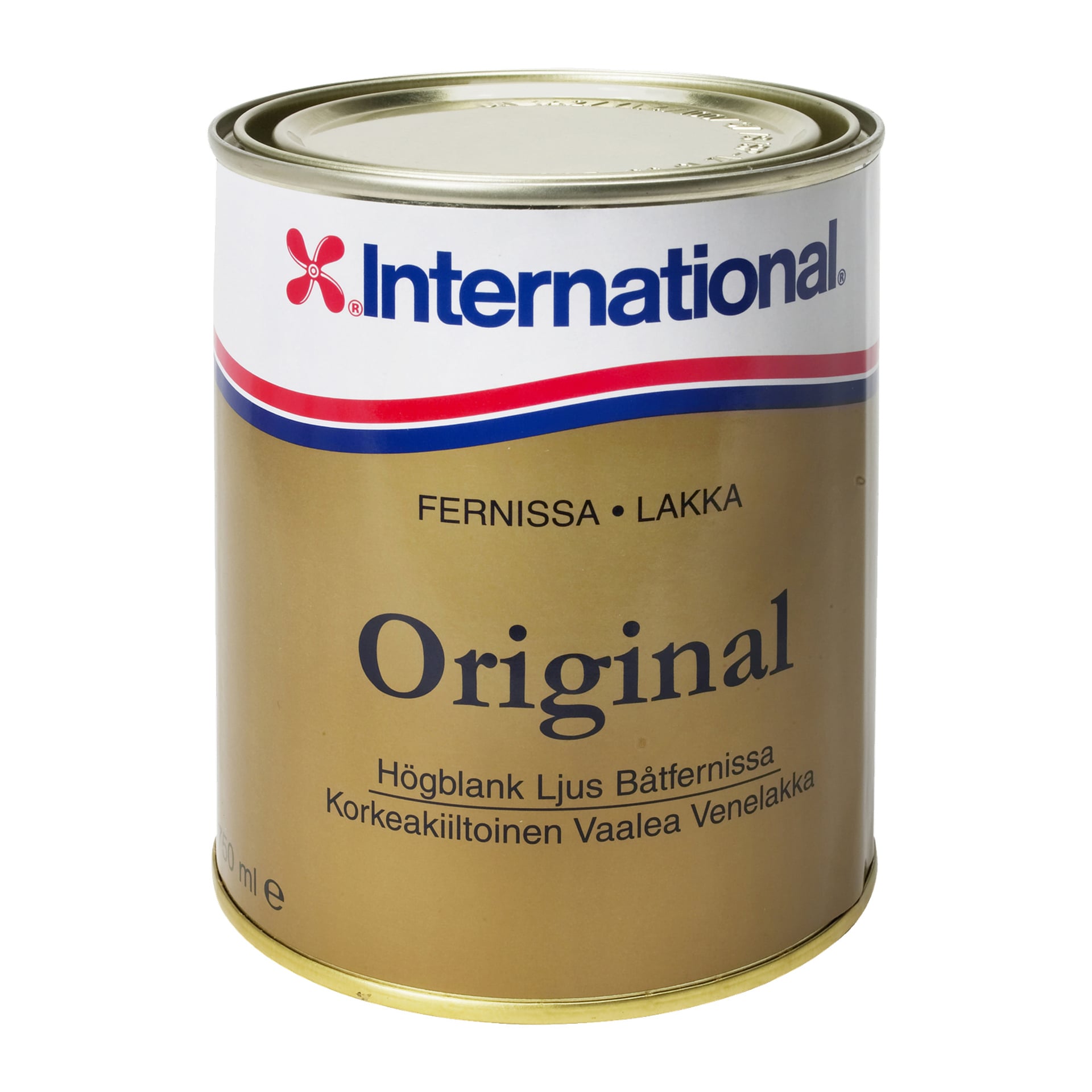 En guld- och vitburk märkt "International Boat Varnish Original," som innehåller högblank båtlack, med extra text på burken: FERNISSA, LAKKA, Högblank Ljus Båtfemissa och Korkeakiiltoinen Vaalea Venelakka.
