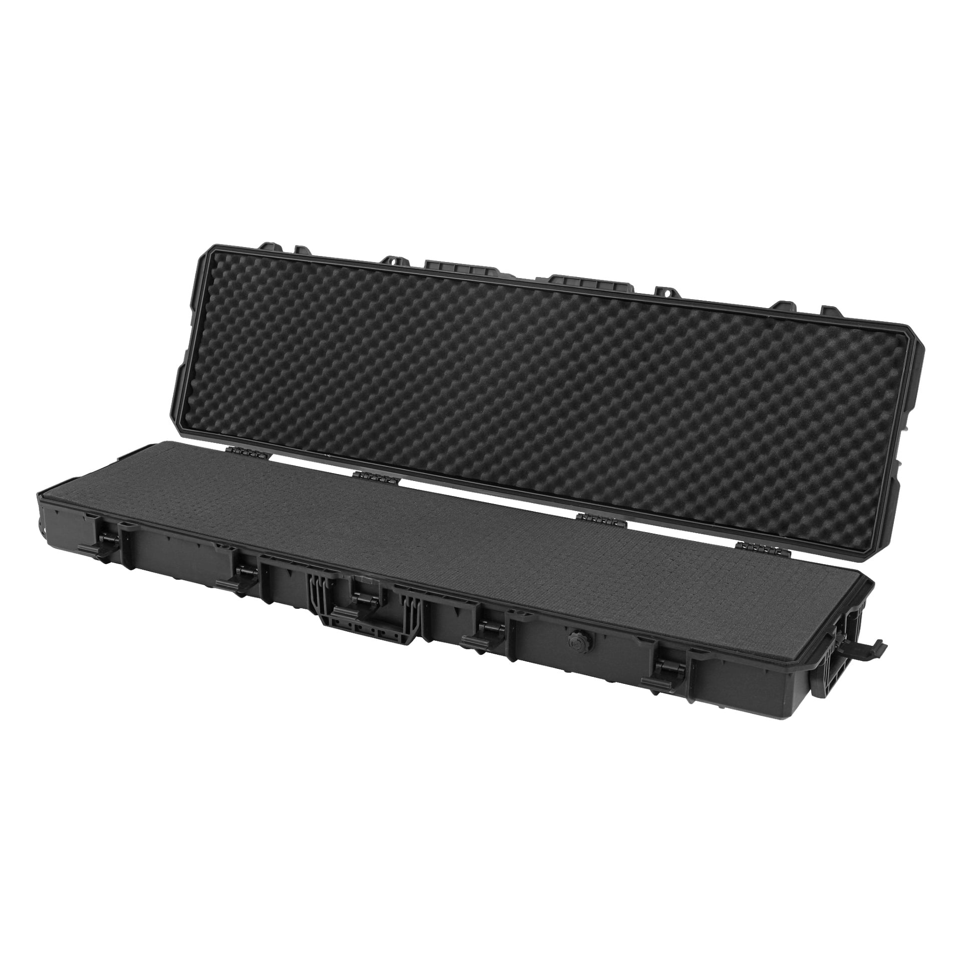 Ein großer, schwarzer, hartschaliger Tragetasche ist mit offenem Deckel zu sehen, der das innere Schaumstoffpolster aus einer Eikiste freilegt. Das Gehäuse ist für den Transport sensibler oder wertvoller Gegenstände gebaut und verfügt über starke Verschlüsse und einen robusten Griff.
