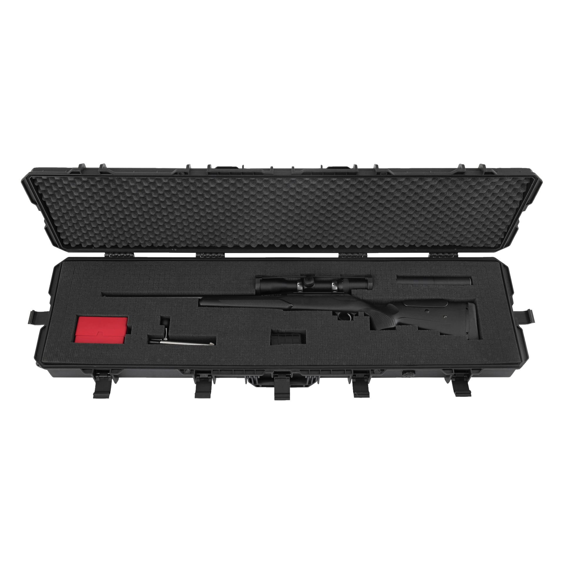 Eine offene schwarze Hard Head Schutzhülle zeigt ein Zielfernrohrgewehr, einen Schalldämpfer, eine rote Box und ordentlich organisierte Zubehörteile in maßgeschneiderten Schaumstofffächern. Das Innere des Deckels ist mit schützender Schaumstoffpolsterung ausgekleidet.