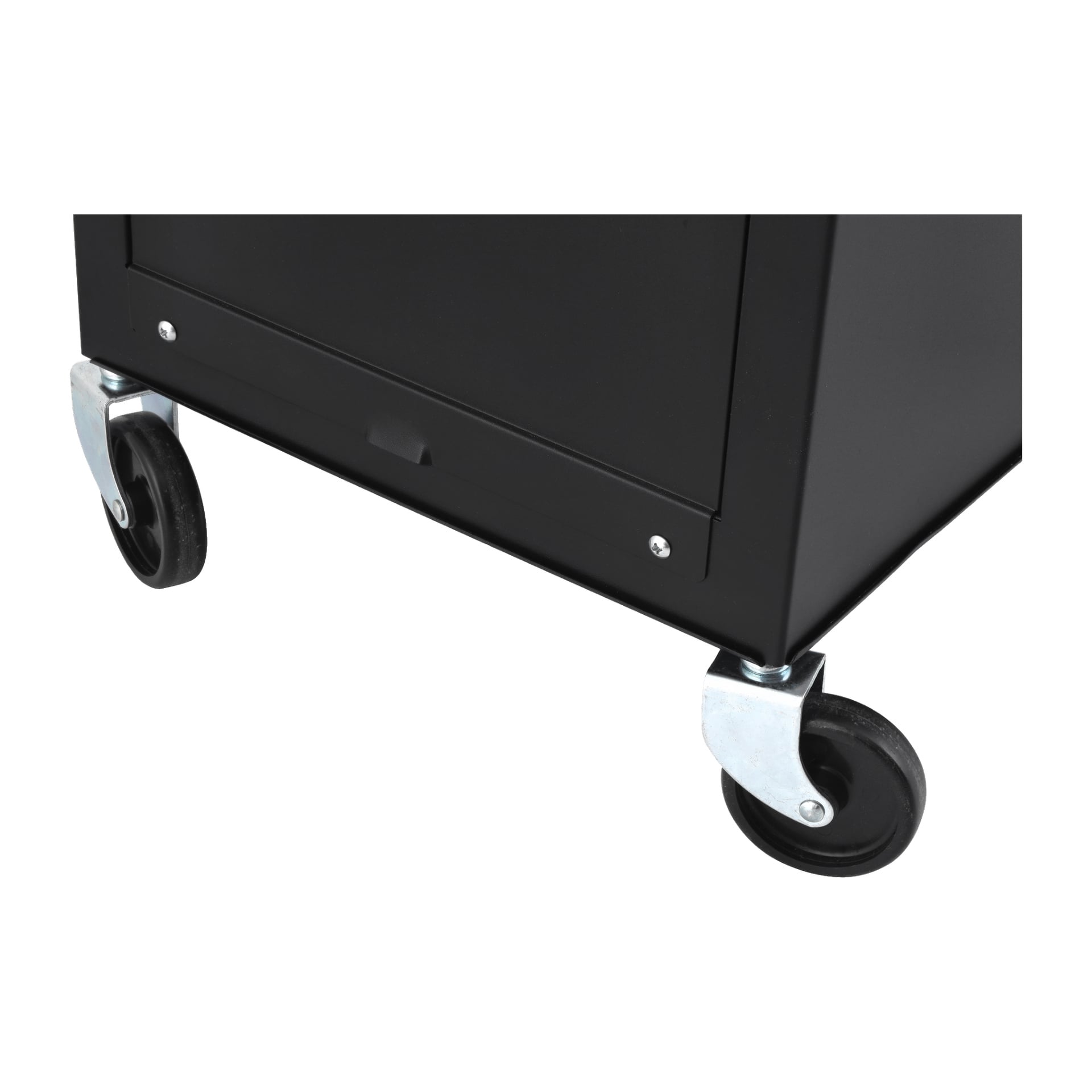 Närbild av ett svart metall Hard Head Tool-vagns nedre hörn, som visar två svängbara hjul. Vagnens kant och två skruvar syns ovanför hjulen.