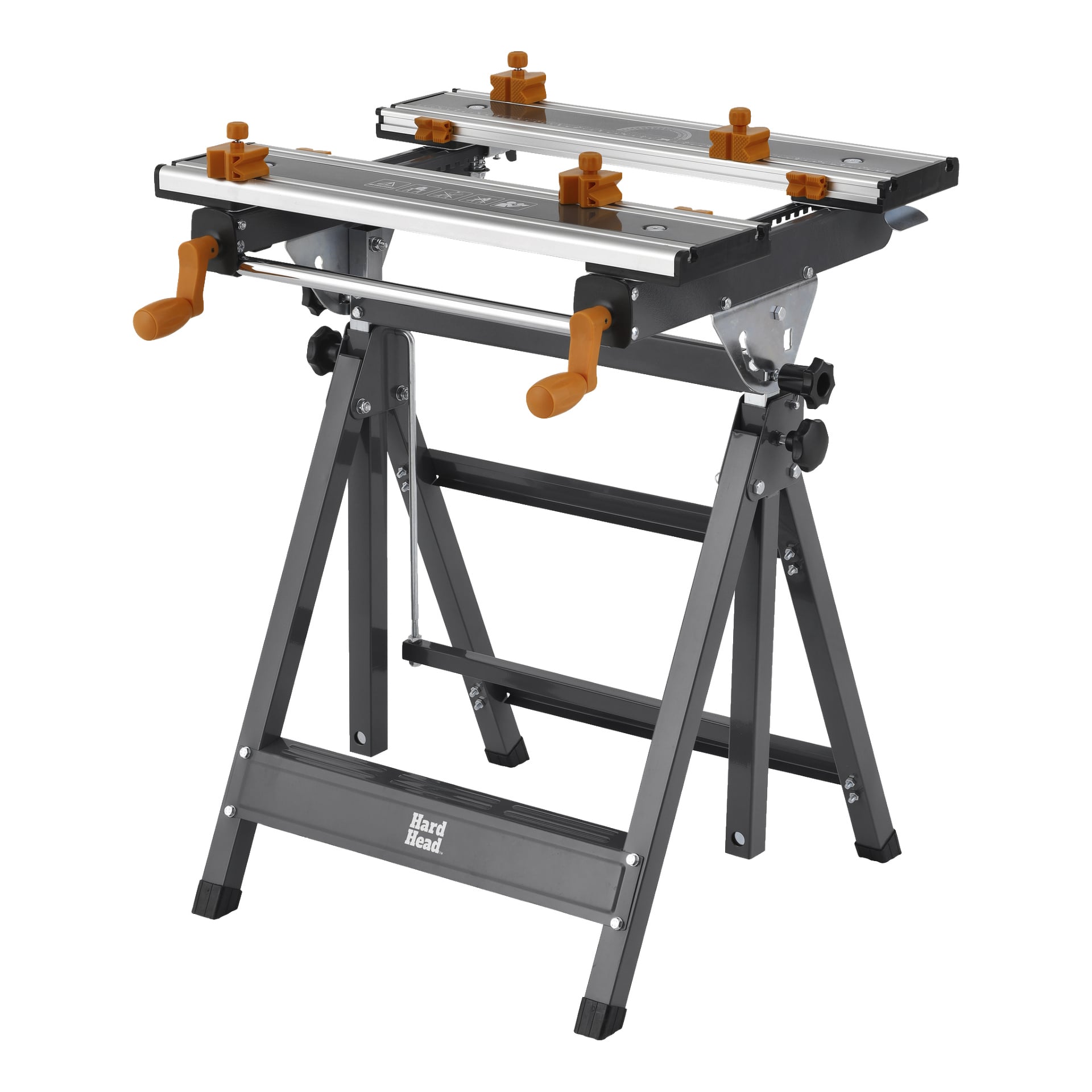 Hard Head Folding Workbench har en stark metallram, en översta som kan justeras och är utrustad med orange klämmor och handtag. Dess vinklade ben ger stabilitet, vilket gör den till ett pålitligt och portabelt val för träarbete eller olika gör-det-själv-projekt.