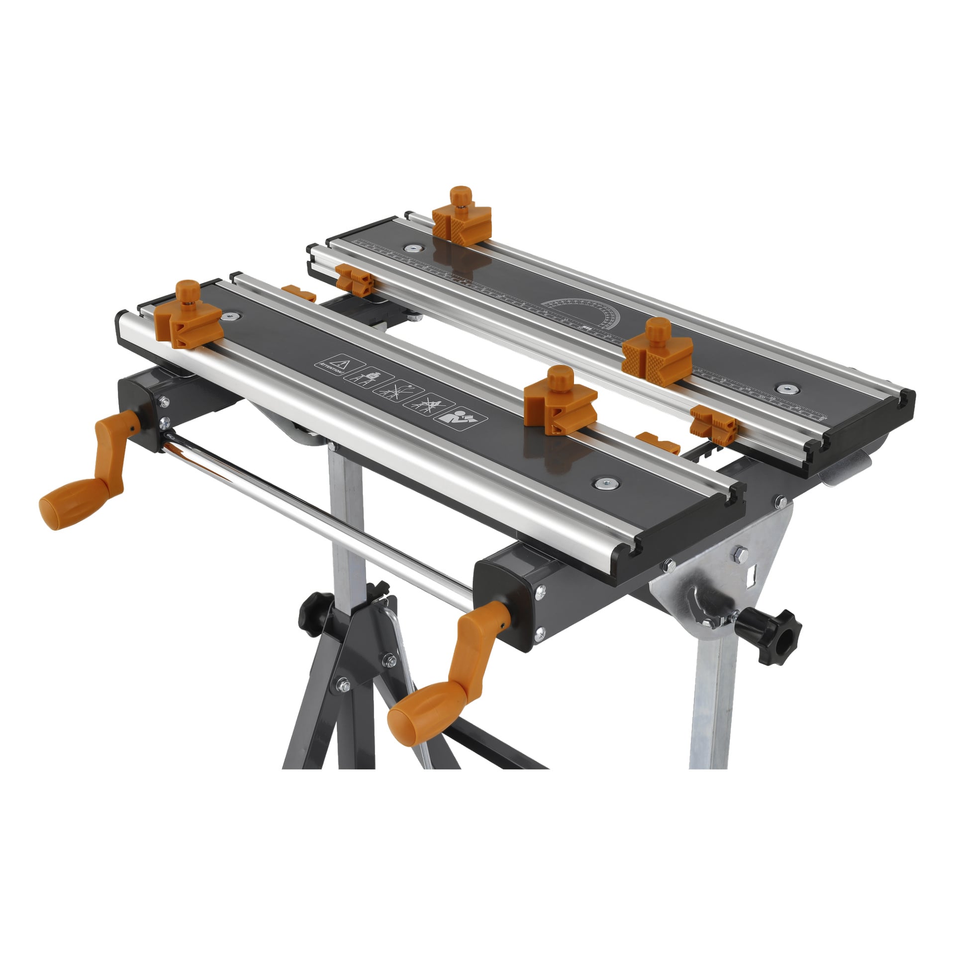 Hard Head Folding arbetsbänk visar två parallella metallskenor, orange klämmor och handtag samt ytmåttmarkeringar. Dess design säkrar och positionerar material för skär- eller monteringsuppgifter.
