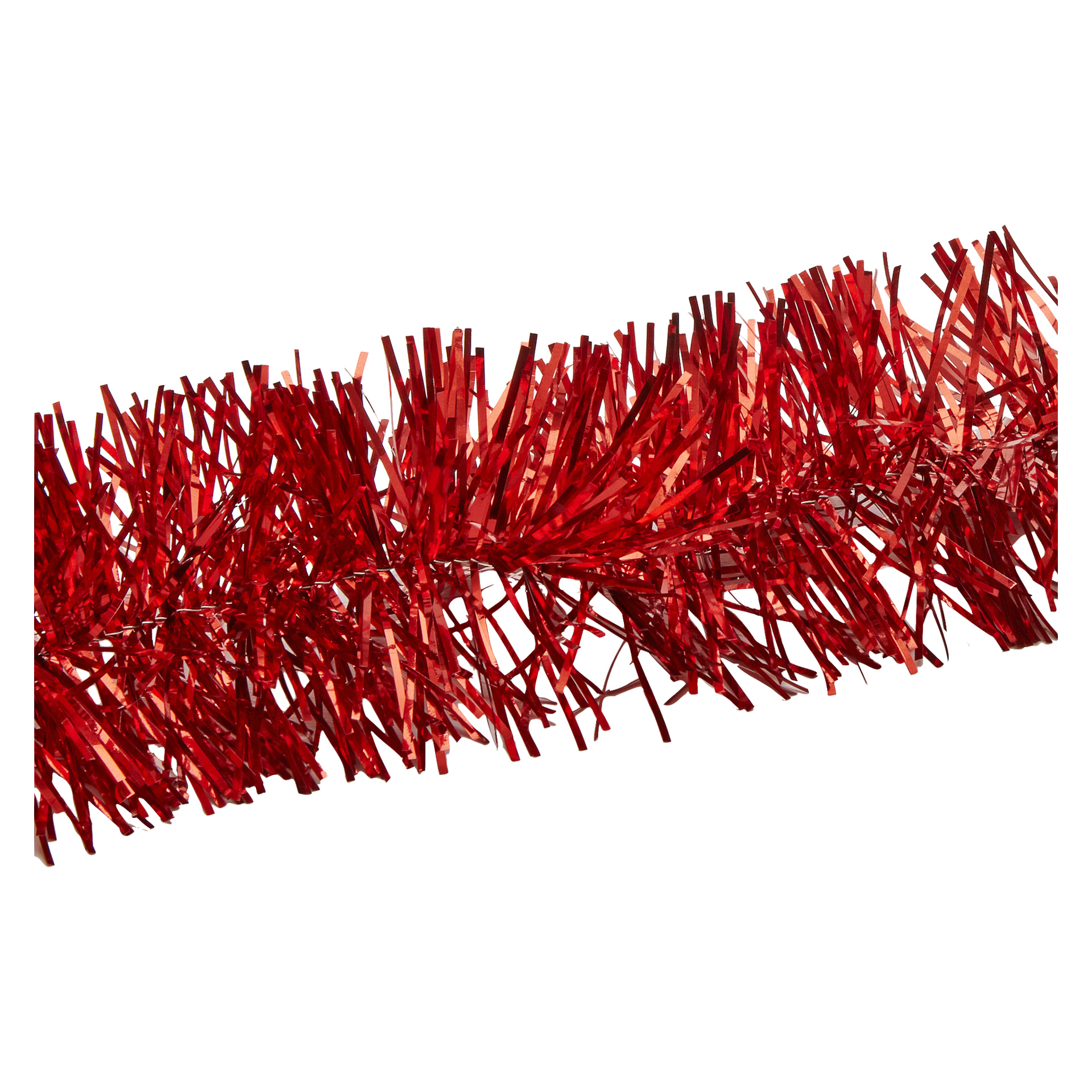 En närbild av EKVIP Garland framhäver dess blanka röda metallremsor som reflekterar ljus, arrangerade diagonalt.