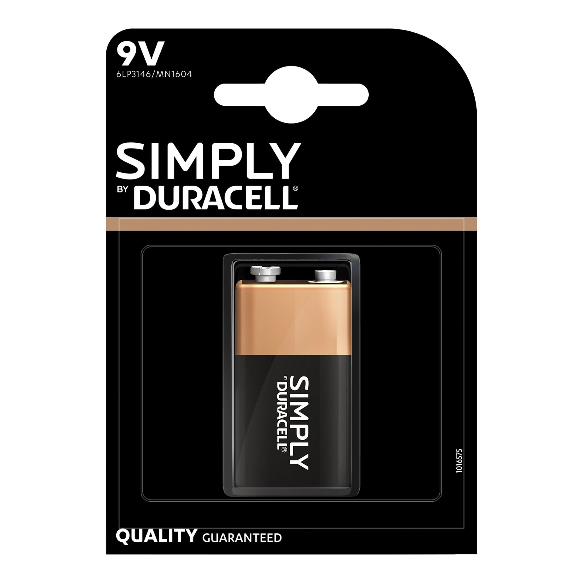Ett Duracell 9V-batteri från "Simply"-serien, med svart och kopparfärg, presenterat i sin enkelförpackning mot en kontrasterande svartvit bakgrund, med produktdetaljer visade ovan och nedan.