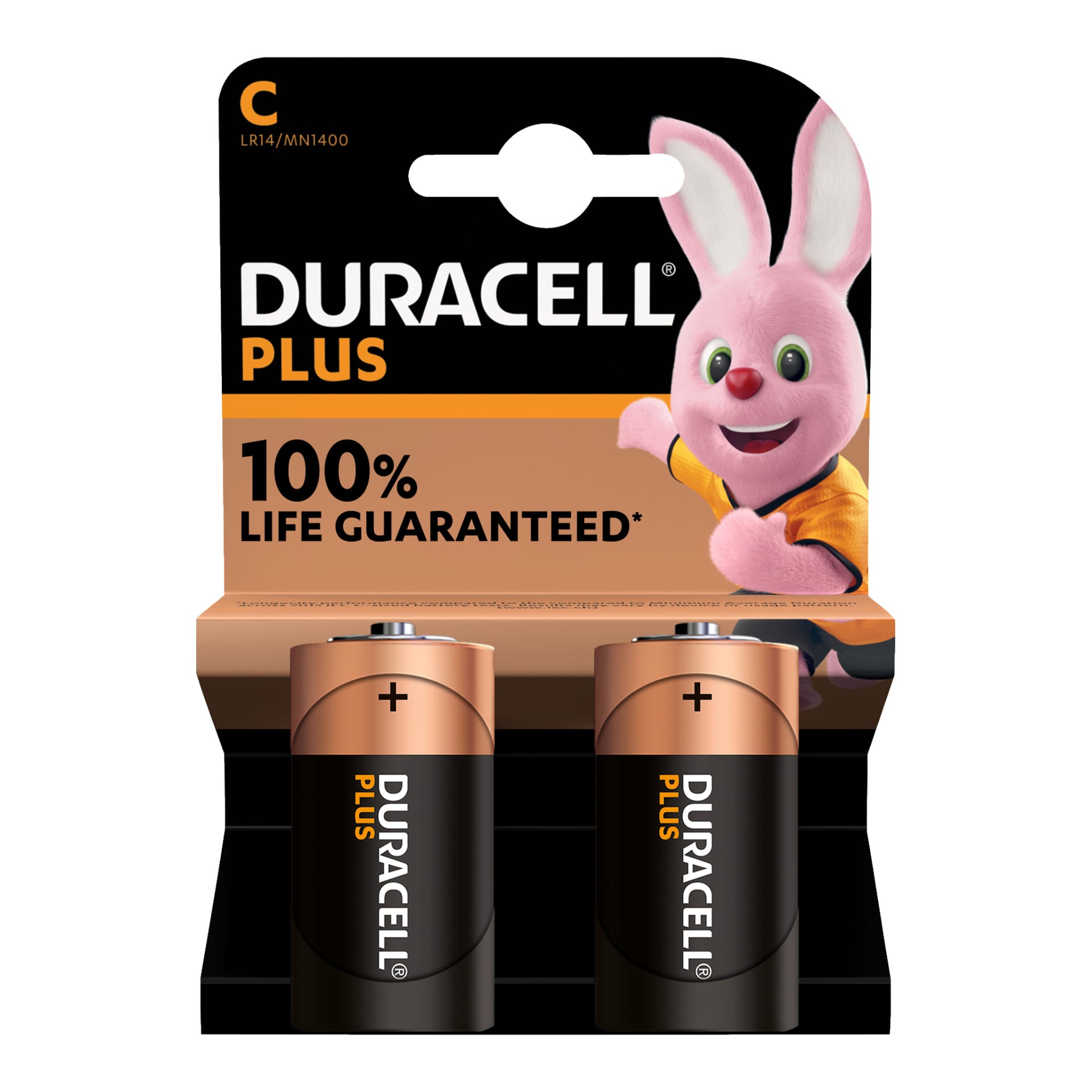 Ett tvåpack med Duracell C-batterier visas i svart och kopparfärgad förpackning, med den rosa kaninmaskoten och ett meddelande "100% livgaranti" på framsidan. Modellen LR14/MN1400 visas uppe till vänster.