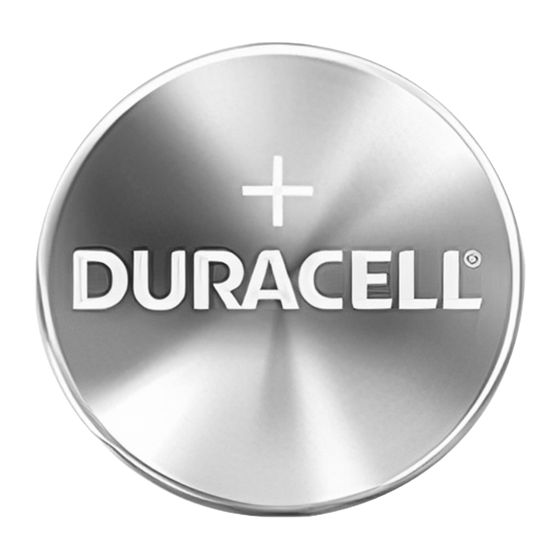 Närbild på ett silverfärgat Duracell CR1632 knappcellsbatteri, 1-pack, som visar plussymbolen ovanför varumärket för att indikera den positiva sidan. Batteriet har en metallisk, borstad textur.