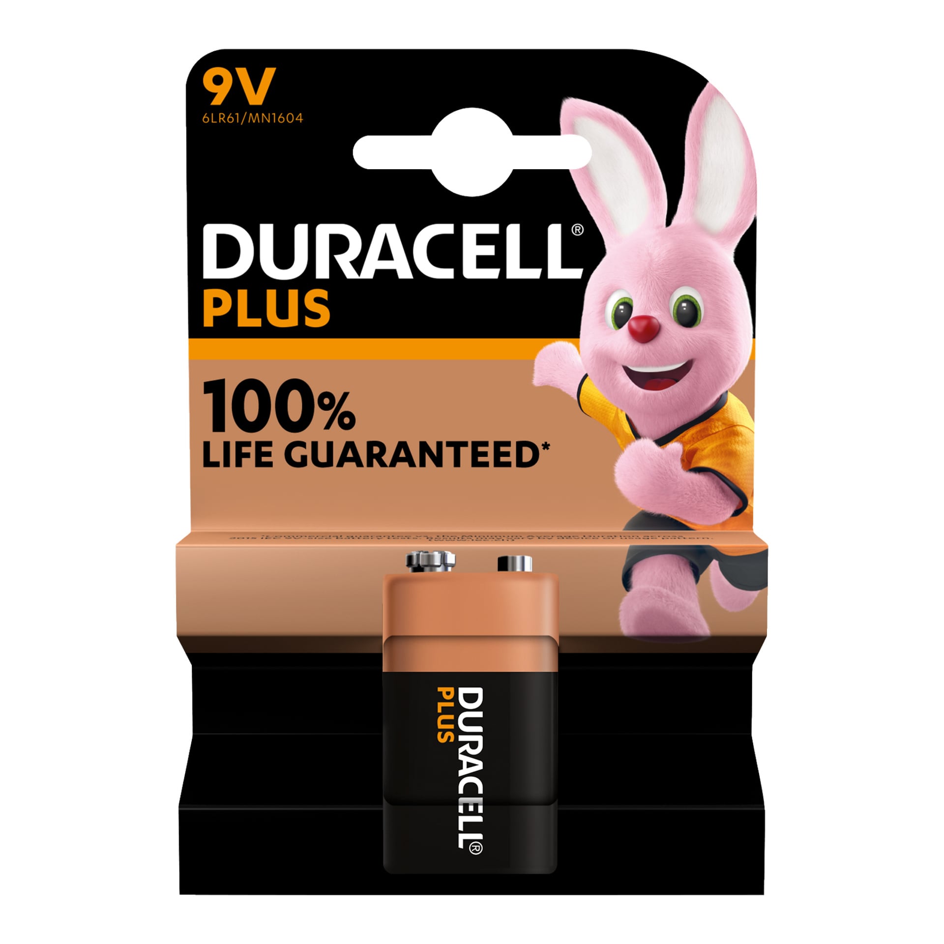 Ett förpackat Duracell 9V Plus-batteri (enkelpack) med Duracell-logotypen, kaninmaskoten och texten "100% LIVSGARANTI*" på framsidan.