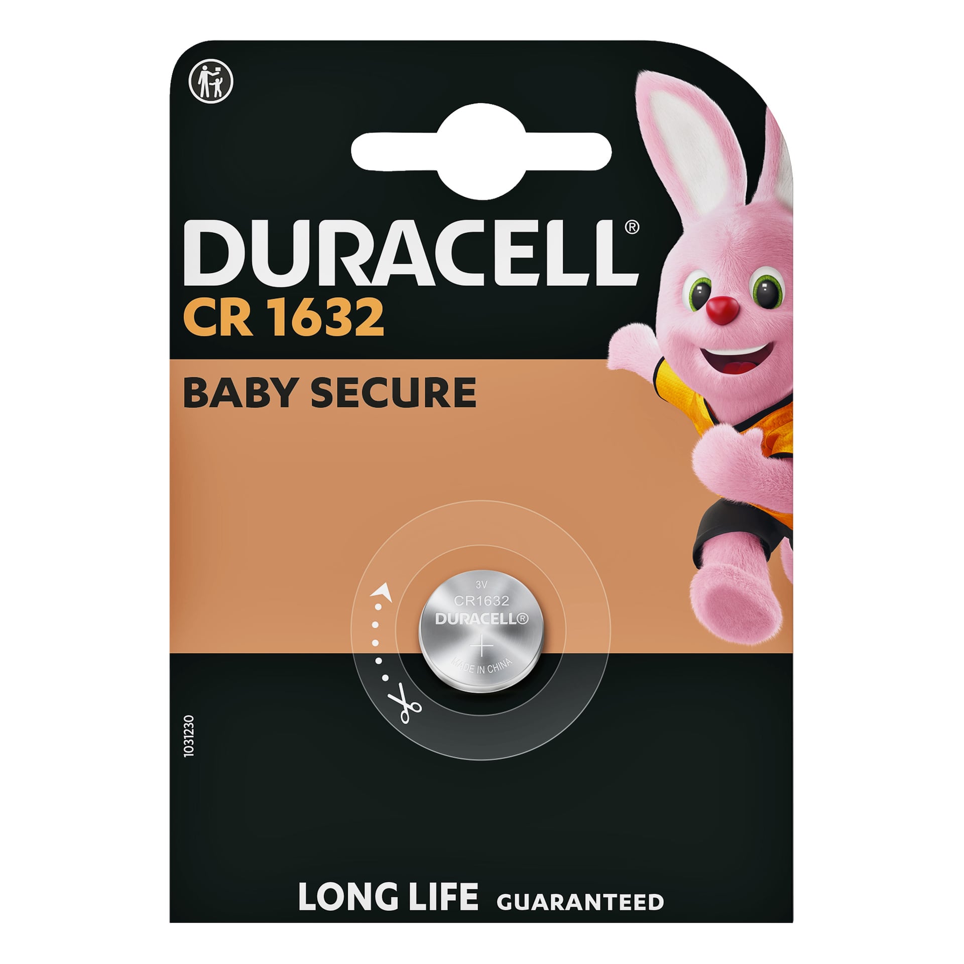 Duracell CR1632 batteripack med en rosa kaninmaskot, "Baby Secure"-etikett, långlivade krav och batteriet i en genomskinlig blåsa.
