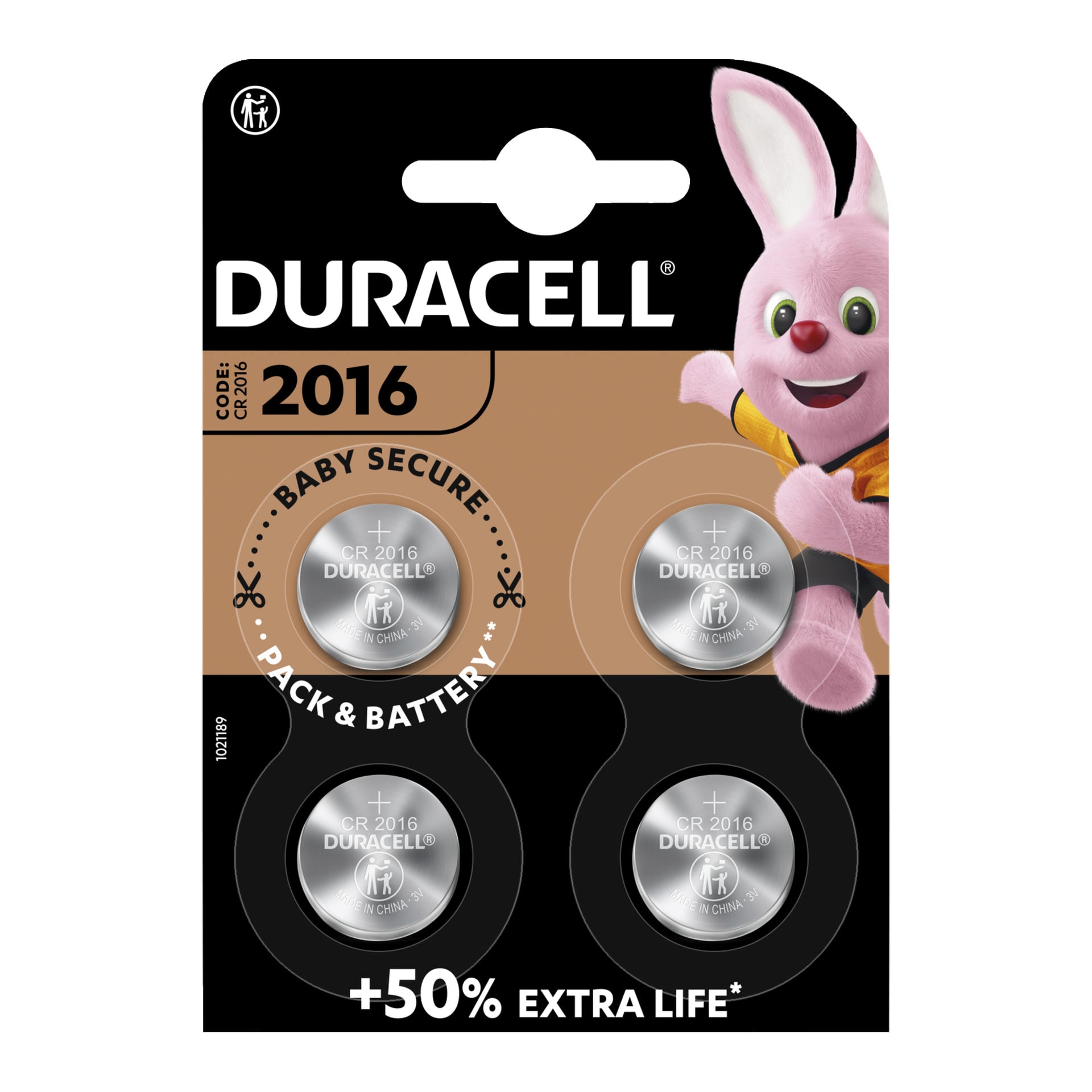 Ett paket med fyra Duracell CR2016-batterier med knappcellsbatterier som visar "Baby Secure" och "+50% Extra Life" på förpackningen, med Duracell-kaninmaskoten visad till höger.
