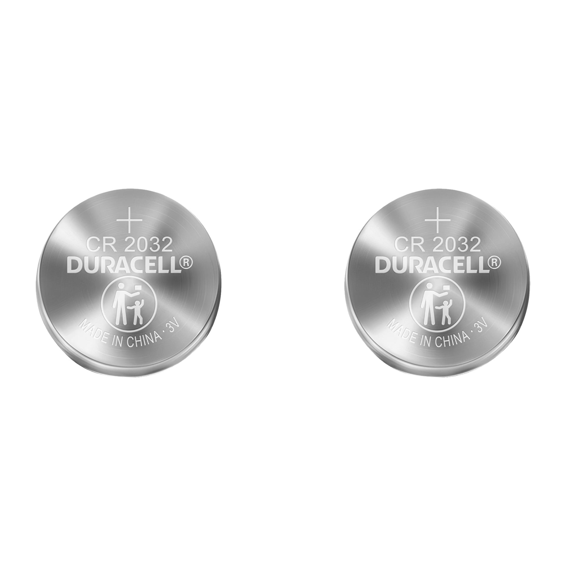 Pari Duracell CR2032 -nappiparistoja kahdessa paketissa, jokaisessa malli, jännite, valmistusmaa ja yliviivattu ympyrä lapsen turvallisuusvaroitussymboli.