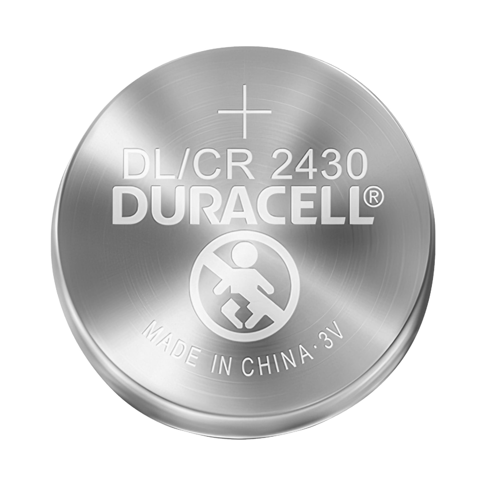 Ett silverfärgat Duracell-knappbatteri (CR2430, 1 pack) visar texten "DL/CR 2430," "Made in China: 3V", har ett plustecken och inkluderar en överstruken varningssymbol för barnens ansikte.