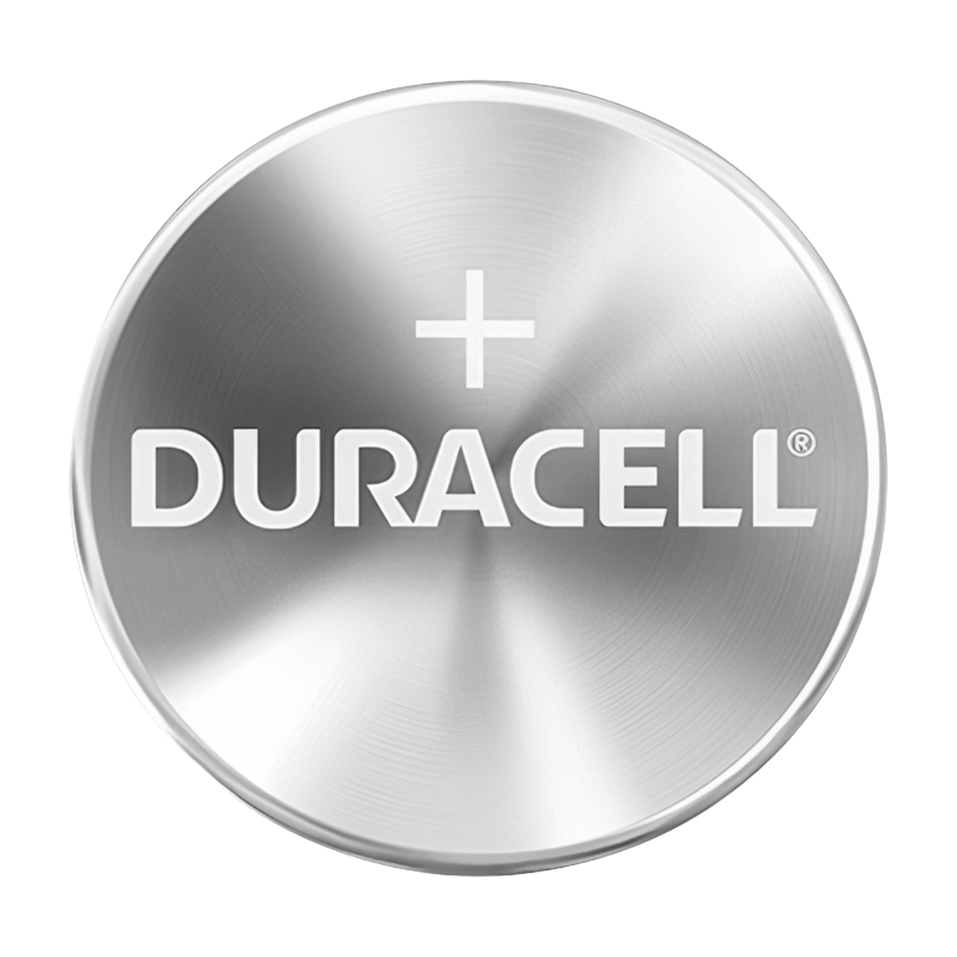 Ett metalliskt silver, runt knappbatteri har varumärket "Duracell" och ett plustecken (+) ovanför, vilket markerar den positiva änden av detta Duracell CR2450-batteri (1 pack).