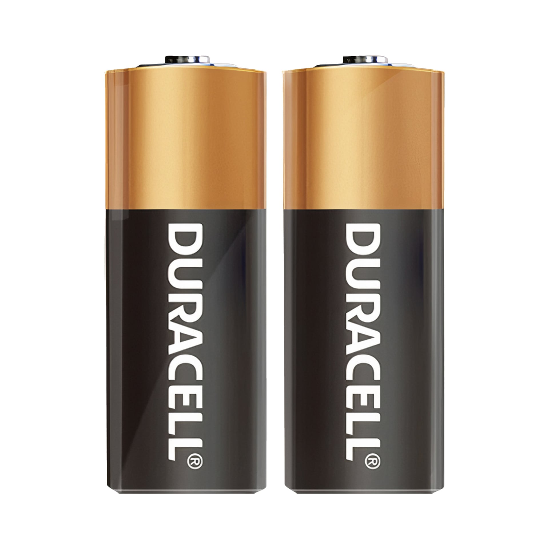 Två Duracell N-batterier från ett tvåpack står upprätt bredvid varandra. De har kopparfärgade toppar och svarta kroppar med ordet DURACELL tryckt vertikalt i vitt.