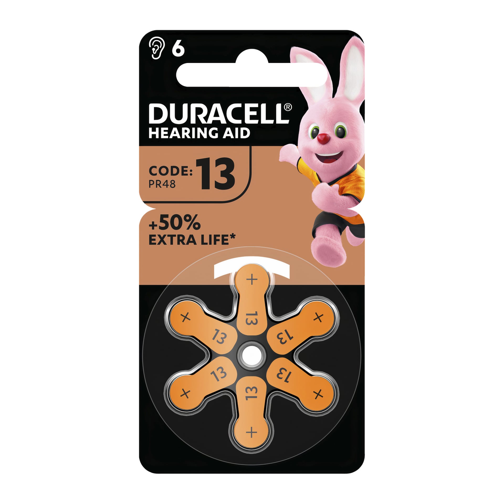 Ett sexpack Duracell DA13 hörapparatbatterier i orange förpackning, med sex batterier i en rund hållare. Uppe till höger visas den rosa Duracell-kaninen, och paketet marknadsför "+50% Extra Life" och visar kod: PR48.
