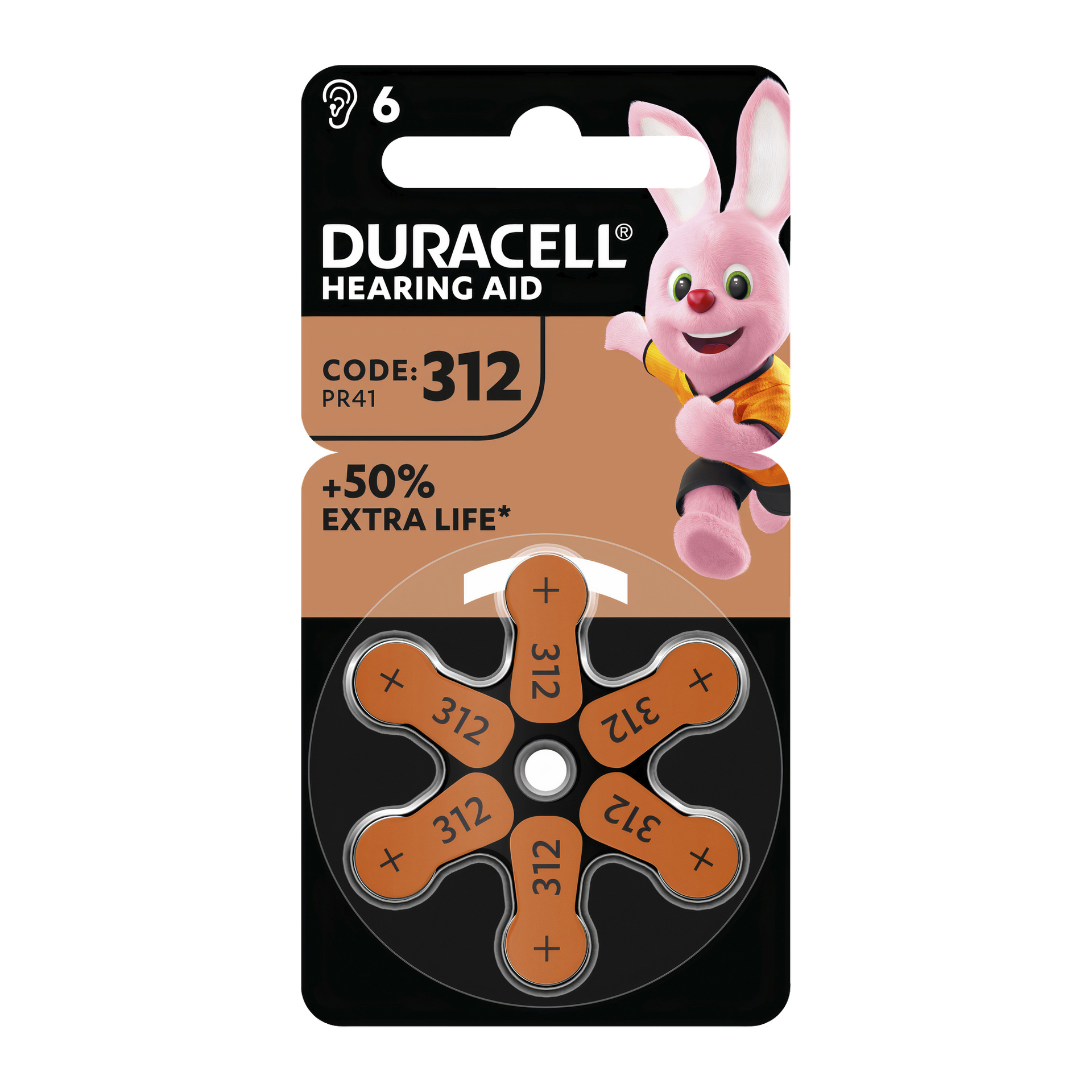 Ett paket med sex Duracell DA312-hörapparatbatterier visas, med den igenkännbara rosa kaninmaskoten på framsidan och en lapp som indikerar 50 % längre batteritid.