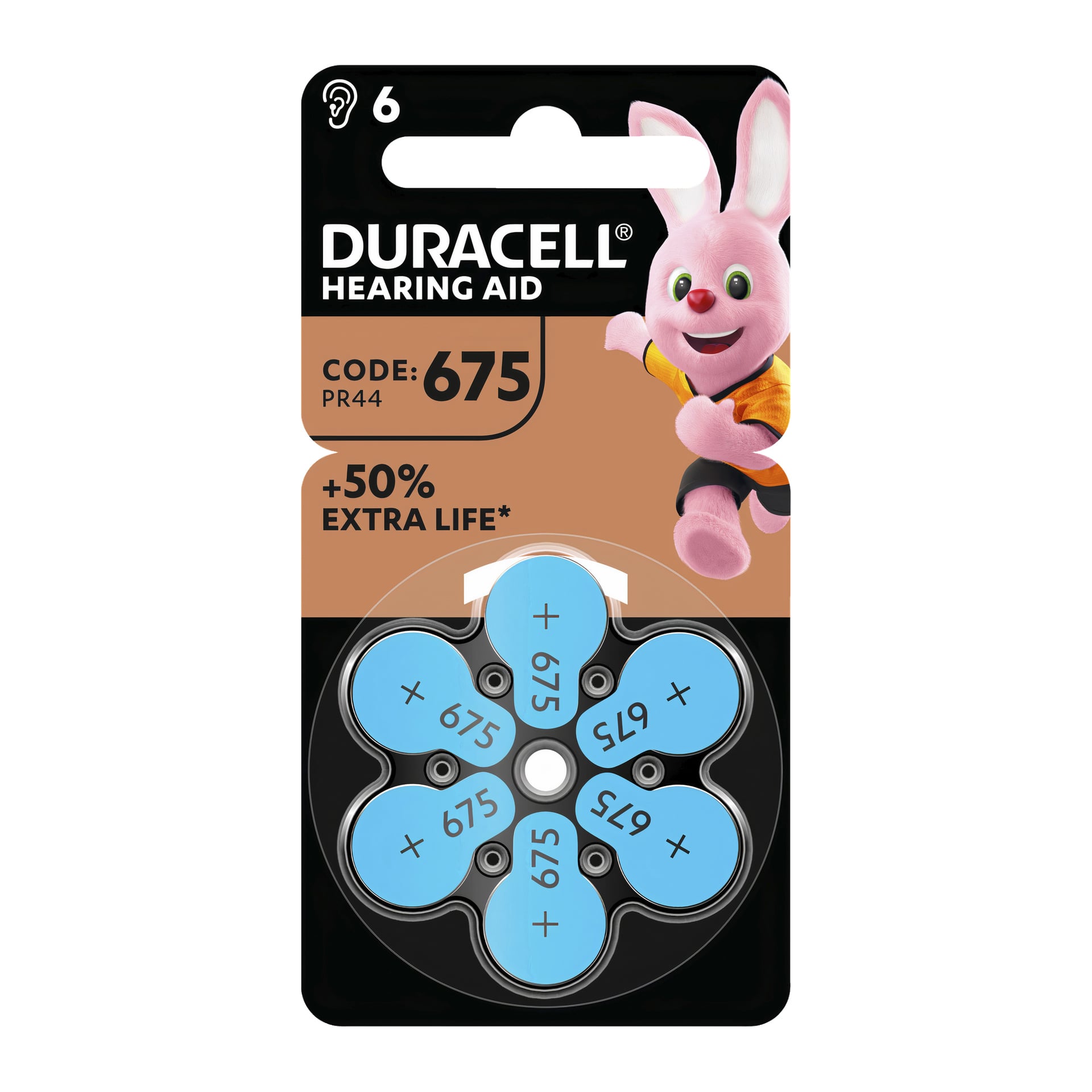 Duracell hörapparatbatterier DA675 6-pack innehåller sex blå batterier organiserade i en cirkulär låda. Paketet innehåller Duracell-kaninmaskoten, främjar +50 % Extra Life och listar kod: PR44.