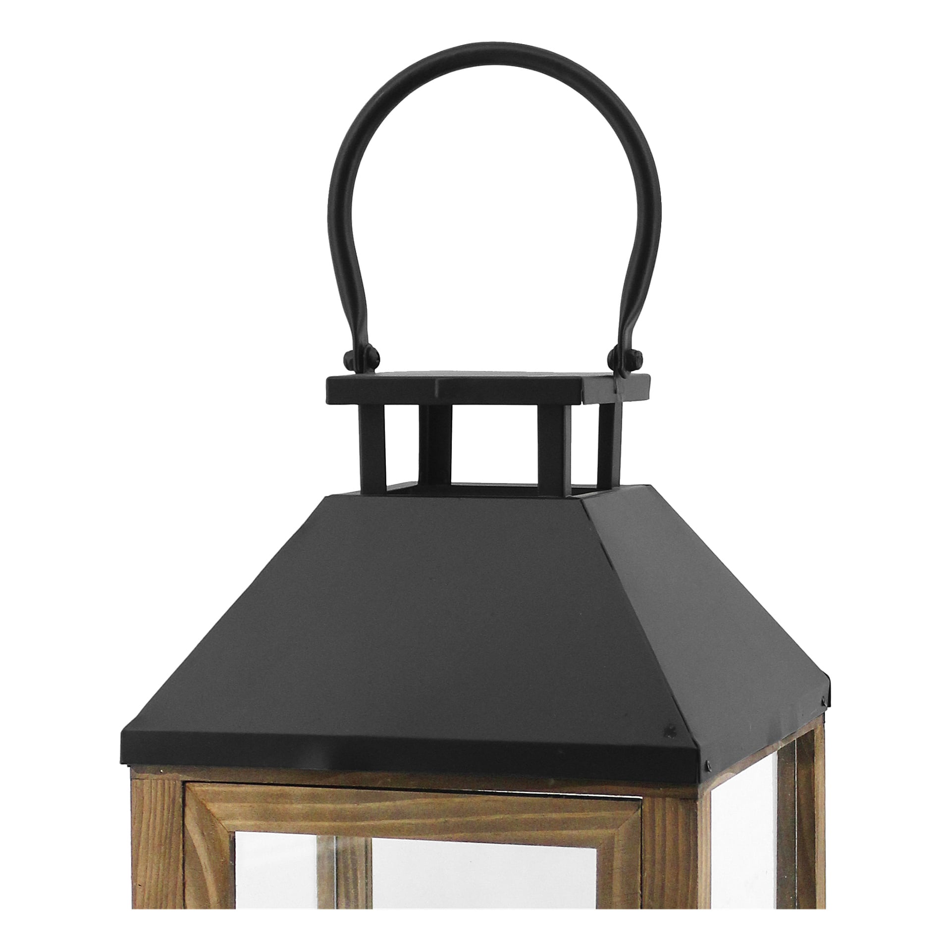En detaljerad vy av EKVIP Lantern framhäver dess svarta plåttak, klara glassidor, träkonstruktion och stadiga svarta handtag.