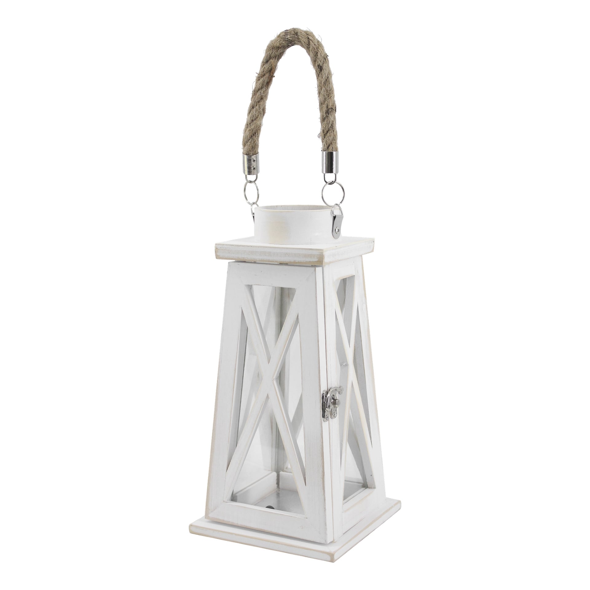 EKVIP Lantern har en vit träram, glassidor med X-mönster, en gångjärnsförsedd dörr med lås och ett stadigt rephandtag fäst med metallbeslag.