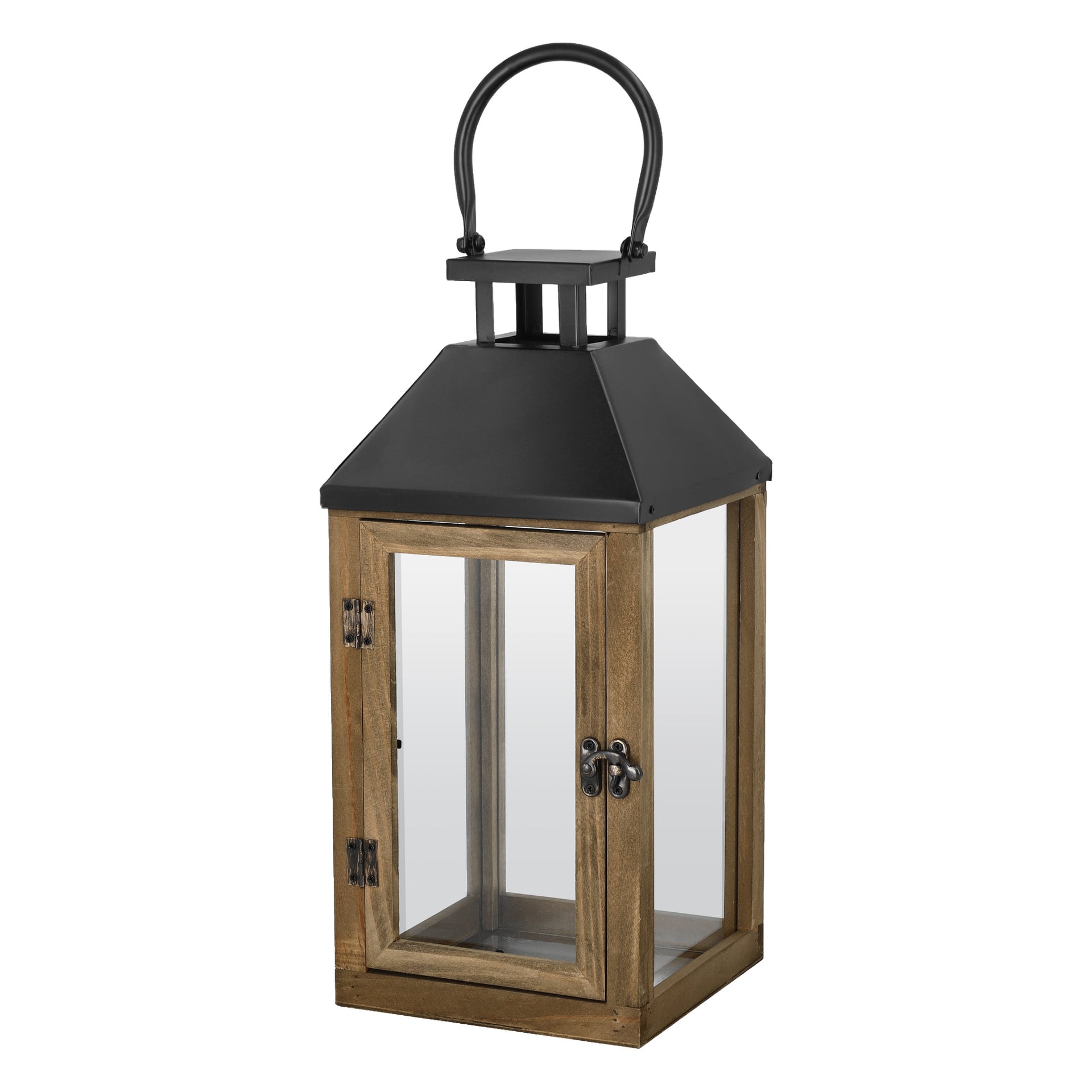 EKVIP Lantern har en rektangulär träram med klara glaspaneler, en metallspärr framtill, ett svart plåttak och ett böjt handtag. Den står upprätt och är tom.