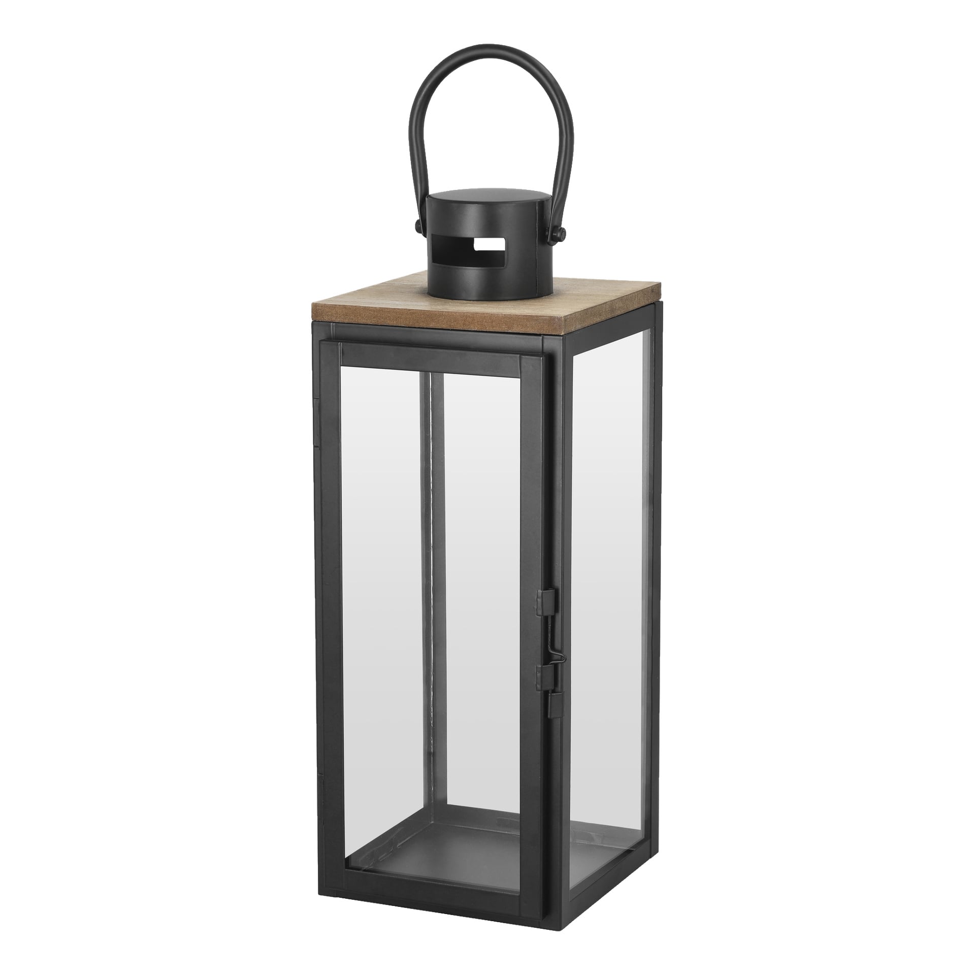 EKVIP Lantern har en rektangulär glaskropp, svart metallram, ett trätak, ett svart handtag fäst vid en rund hållare och en ytterdörr med lås.