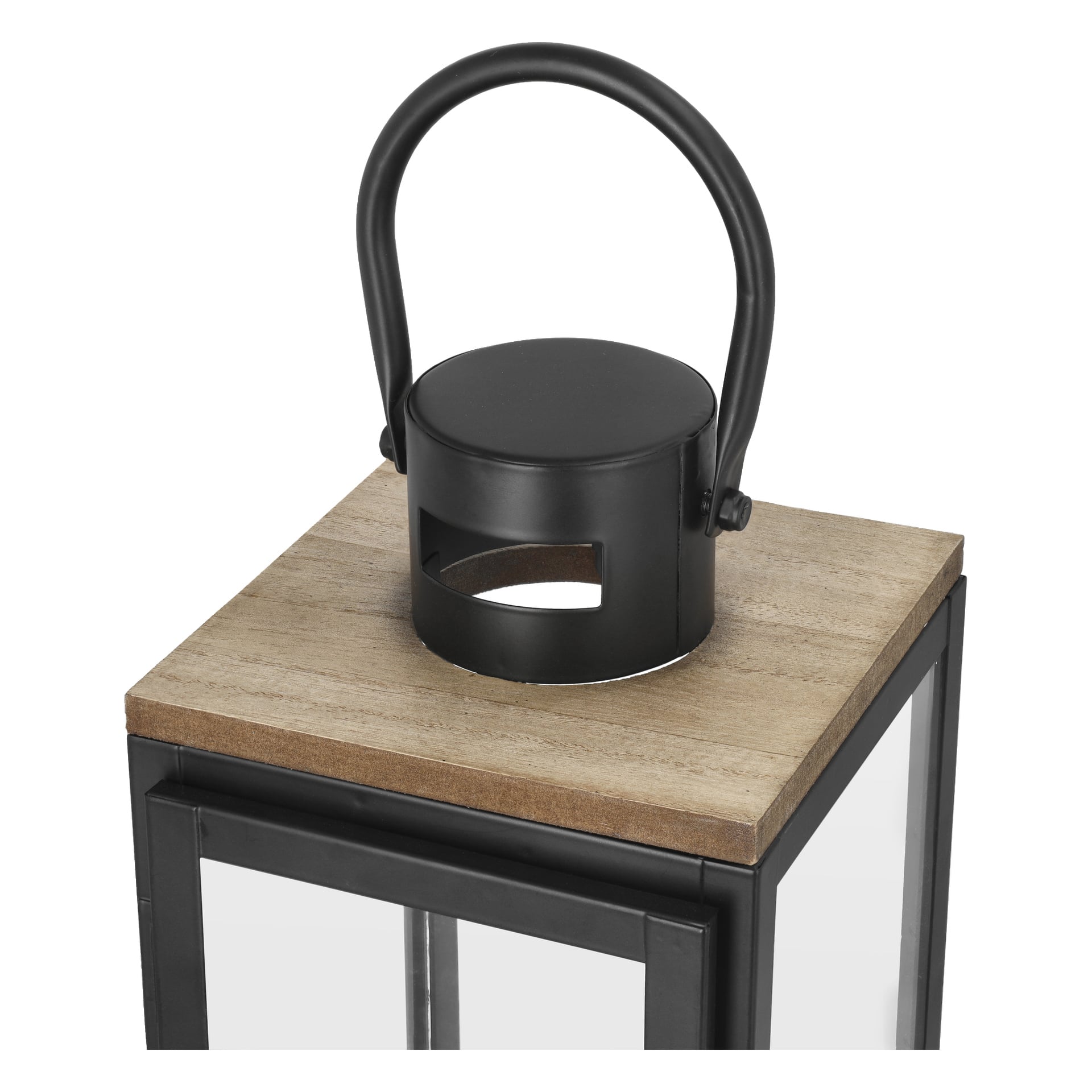 En EKVAP-lykta med rund kropp, svart metalllock och handtag, två rektangulära sidoöppningar, står på en fyrkantig bas av glas och trä.