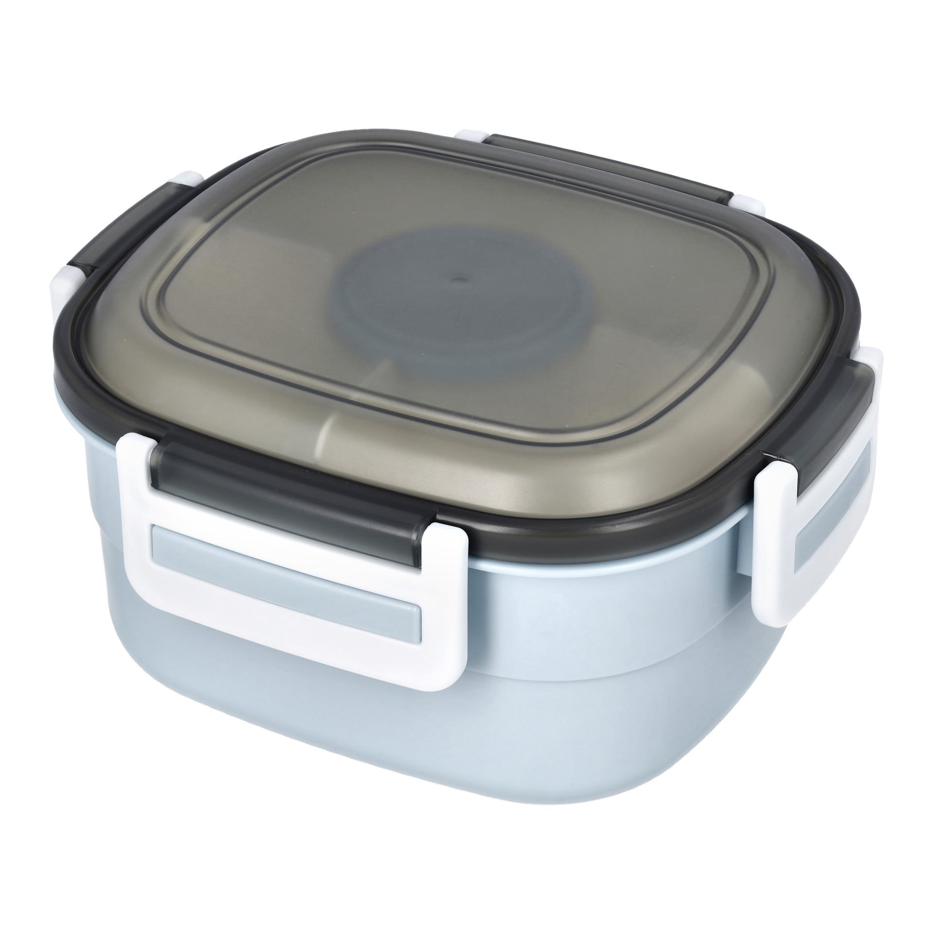 En Menuett Lunchbox kommer med interna avdelare och en ispåse. Den har en ljusblå bas, ett mörkgrått lock och fyra vita klämmor som säkert fäster locket för säker förvaring och portabilitet.