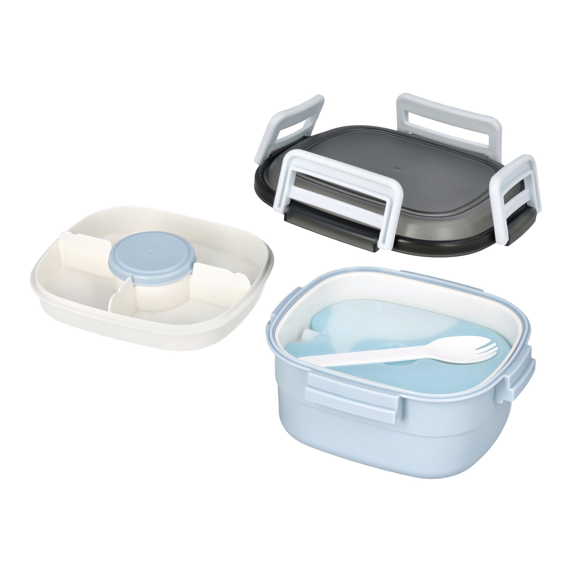 En Menuett Lunch Box med avdelare och en ispåse, uppställd i blått och vitt. Bilderna visar att den är stängd med ett mörkgrått lock, öppet för att avslöja en plastgaffel som vilar på den blå insatsen, och som en avtagande vit bricka med fyra fack och ett litet runt blått lock.