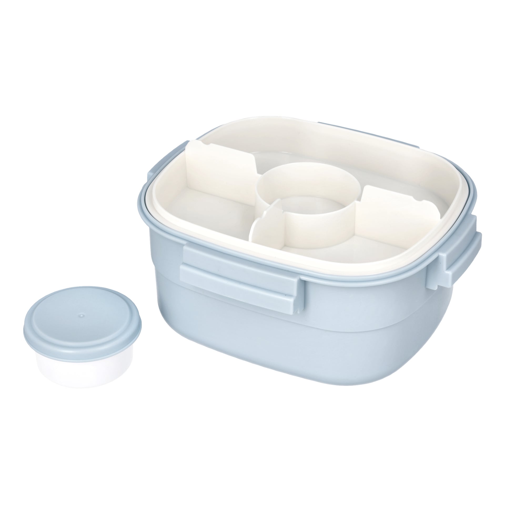Menuett Lunch Box har en ljusblå plastbas, ett vitt lock och en avtagbar vit avdelare inuti. Den levereras också med en liten rund behållare med ett matchande blått lock.